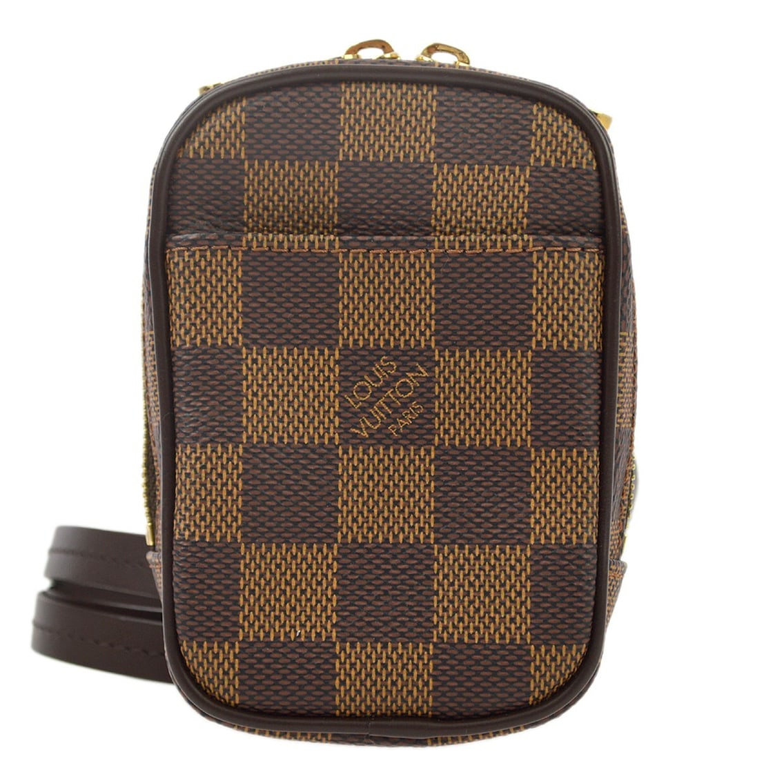 Louis Vuitton Etui Okapi PM Mini Damier Camera Case Bag N61738: Louis Vuitton Etui Okapi PM Mini Damier Camera Case Bag N61738 Louis Vuitton Etui Okapi PM pochette shoulder bag in brown Damier canvas with leather trim. This mini bag features a zip closure, logo ac