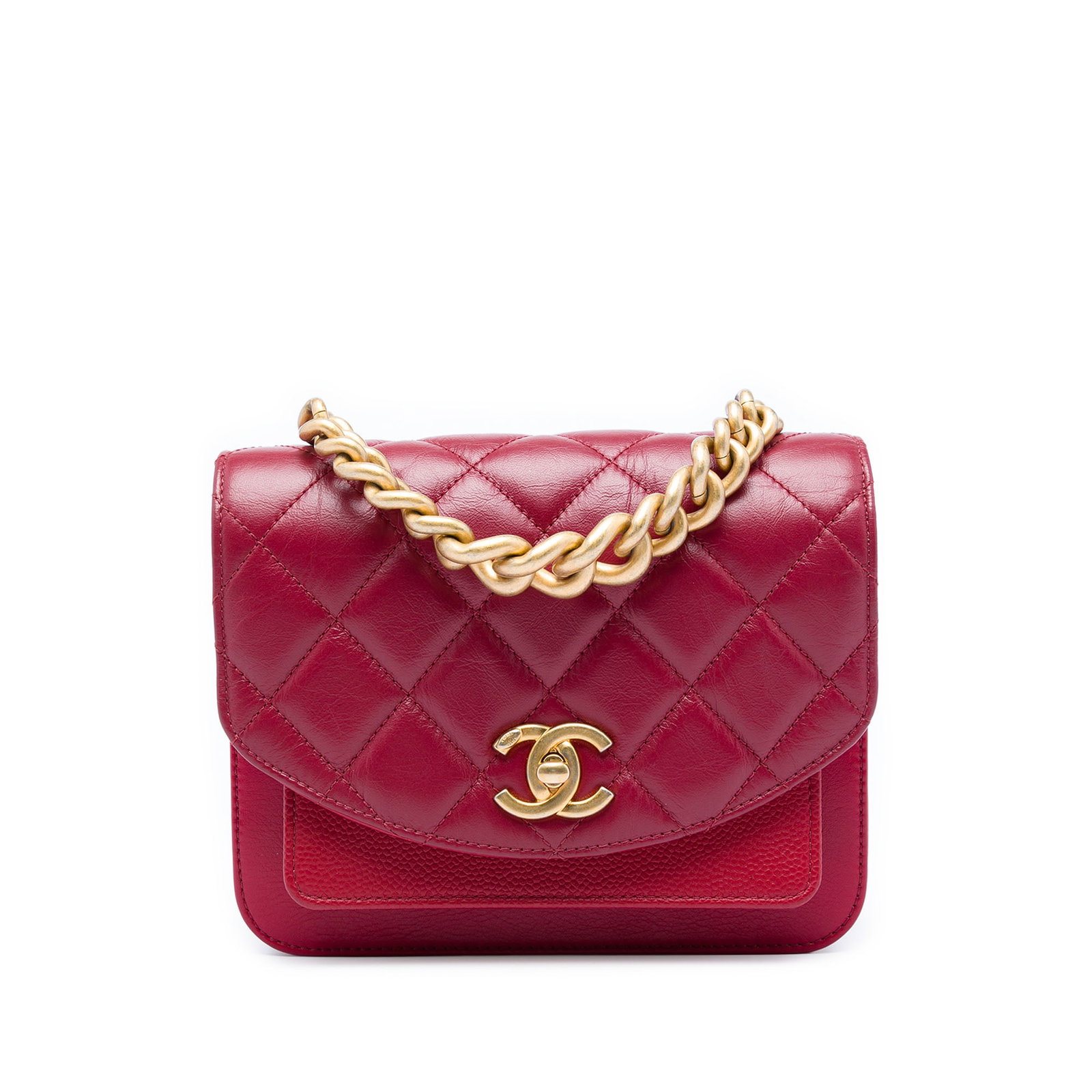 Chanel Mini Chain Handle Flap Red Quilted Leather Satchel: Chanel Mini Chain Handle Flap Red Quilted Leather Satchel Red Chanel Mini Quilted Calfskin and Caviar Chain Handle Flap satchel made in Italy. This bag features a calfskin and caviar body, a curb chai