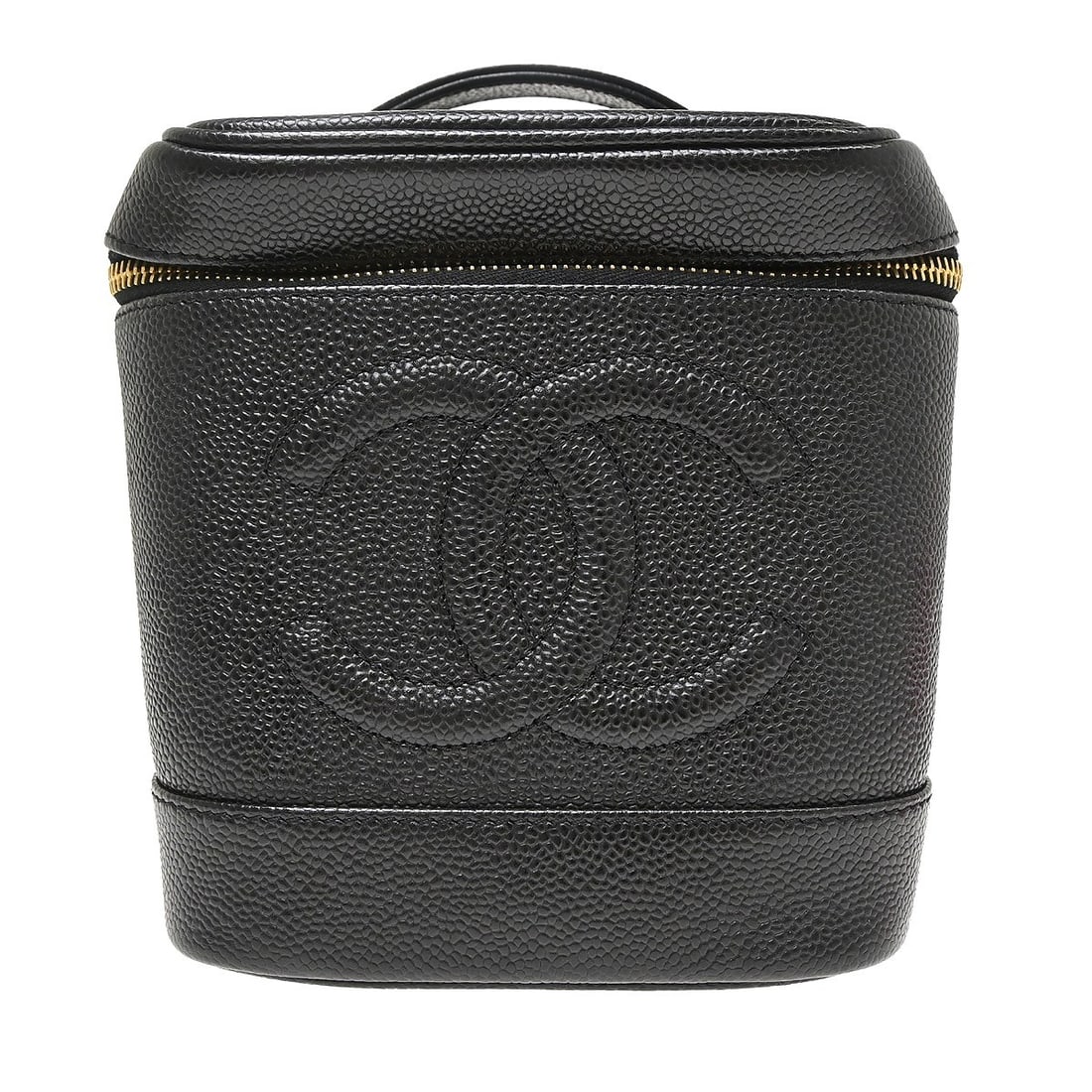 CHANEL CC Cosmetic Vanity Bag Black Caviar Leather Top Handle: CHANEL CC Cosmetic Vanity Bag Black Caviar Leather Top Handle Chanel Timeless vanity handbag in black caviar skin leather with a top handle, zip closure, leather lining, logo accents, and an interior 