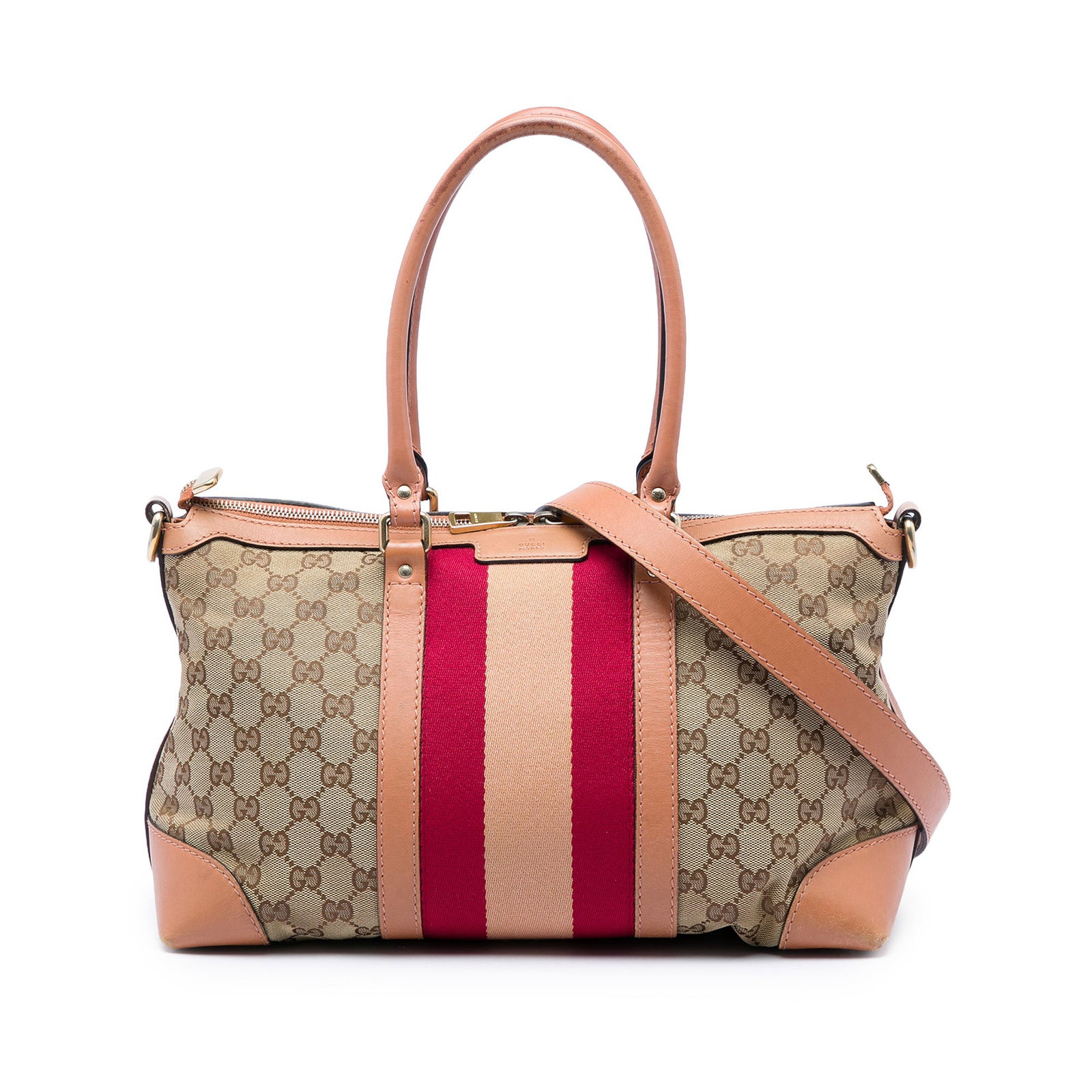 Gucci GG Canvas Satchel Beige Web Stripe Leather Trim: Gucci GG Canvas Satchel Beige Web Stripe Leather Trim Gucci GG Canvas Web Satchel in beige, made with a canvas body and leather trim. It features rolled leather handles, a detachable flat leather stra