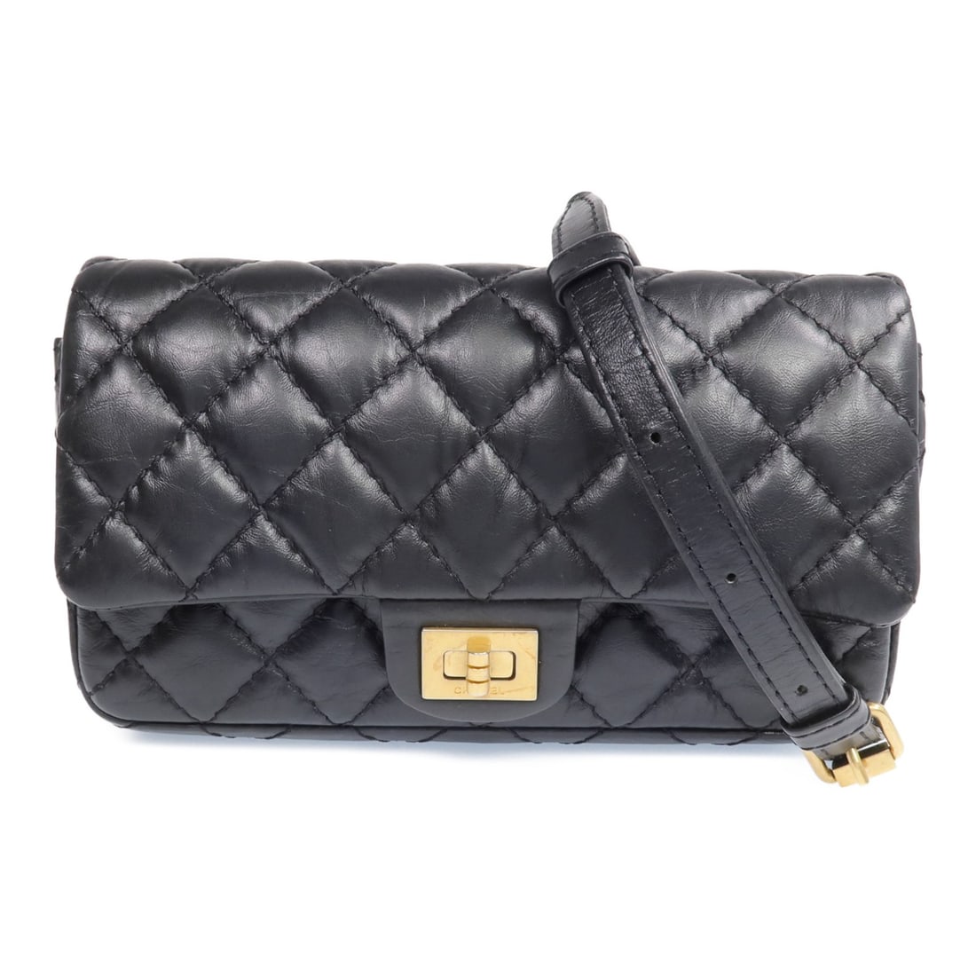 CHANEL 2.55 CC Belt Bag Black Calfskin Chain Shoulder Bag: CHANEL 2.55 CC Belt Bag Black Calfskin Chain Shoulder Bag Chanel 2.55 belt bag in black calfskin leather with a chain shoulder strap and turn-lock closure. This women's shoulder bag includes two open 