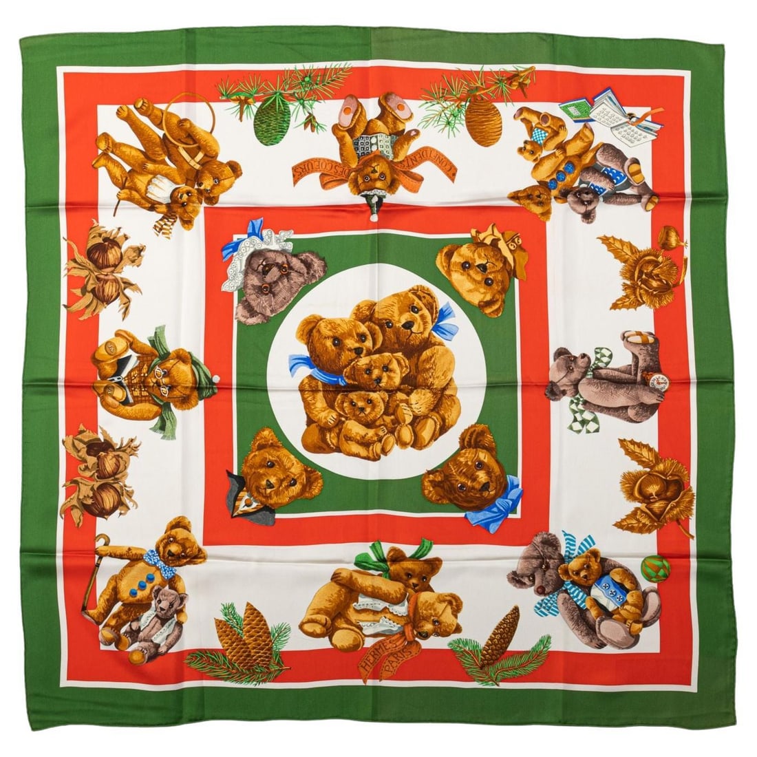 Hermes Red Green Teddy Bear Silk Scarf 35 in Collectible: Hermes Red Green Teddy Bear Silk Scarf 35 in Collectible Discover the charm of this Hermes collectible teddy bear silk scarf, featuring a delightful design in a rare red and green colorway. This luxur