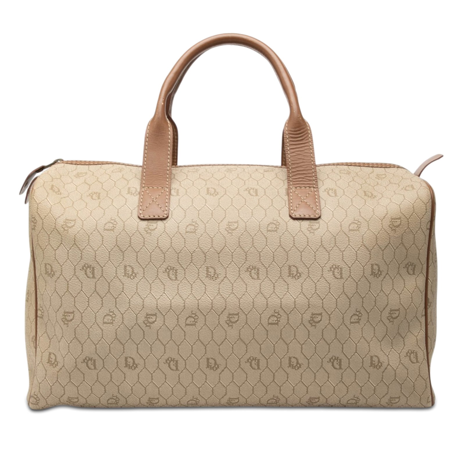 Dior Honeycomb Boston Bag in Coated Canvas with Leather Trim: Dior Honeycomb Boston Bag in Coated Canvas with Leather Trim Dior Honeycomb Boston bag in beige coated canvas with leather trim and rolled leather handles. The bag features a top zip closure and an in
