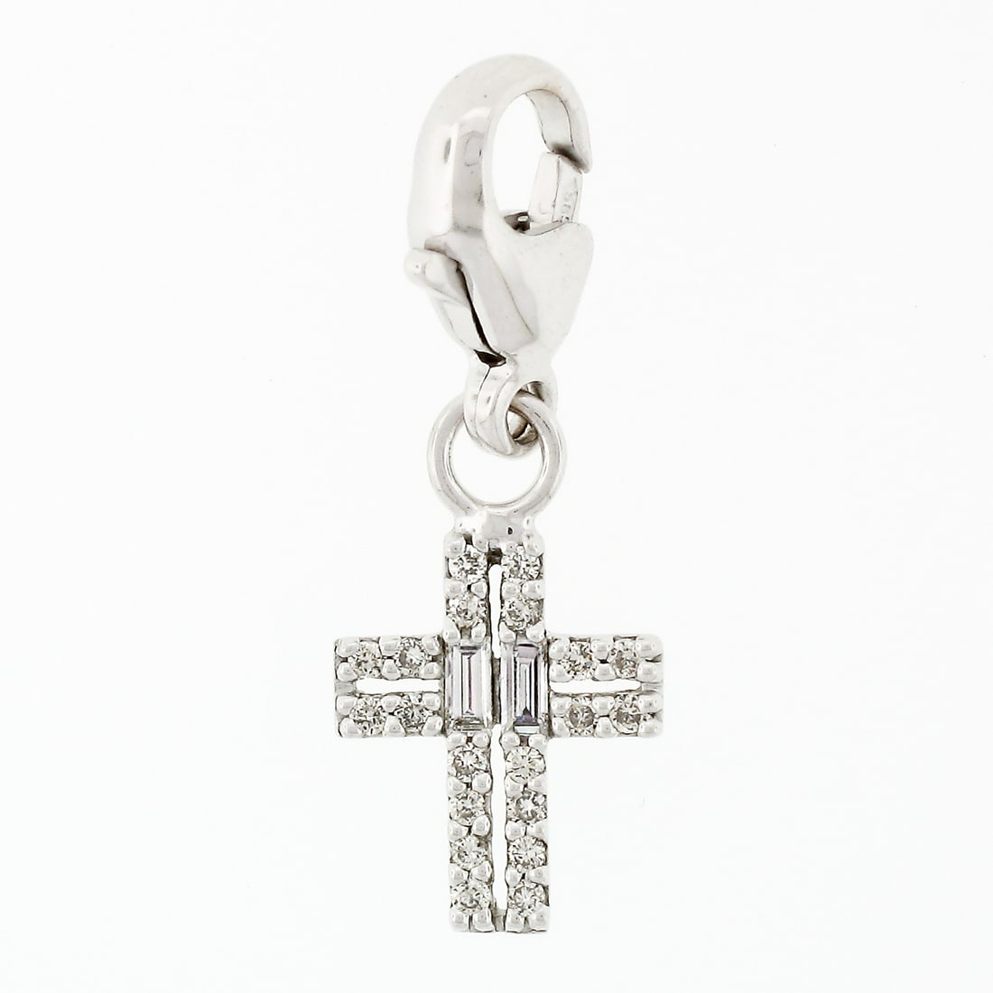 14K White Gold 0.30ct Diamond Cross Charm Pendant with Lobster Clasp: 14K White Gold 0.30ct Diamond Cross Charm Pendant with Lobster Clasp This exquisite pendant features a petite cross design crafted from solid 14K white gold. Adorned with a stunning combination of nat