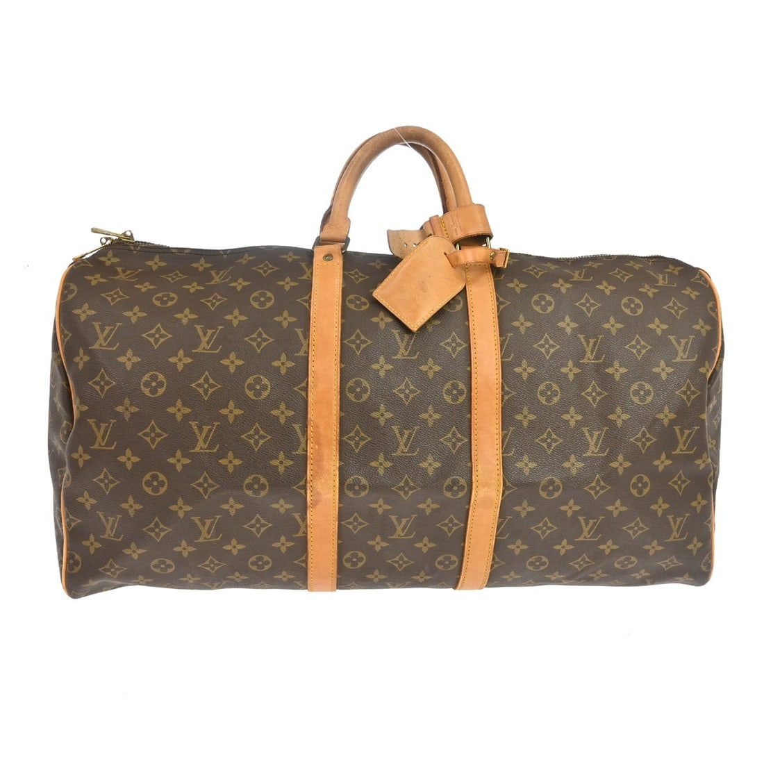 Louis Vuitton Keepall 55 Monogram Canvas Duffle Bag M41424: Louis Vuitton Keepall 55 Monogram Canvas Duffle Bag M41424 Vintage Louis Vuitton Keepall 55 travel handbag in the Monogram line with double leather handles, zip closure, and a brown canvas-lined inter