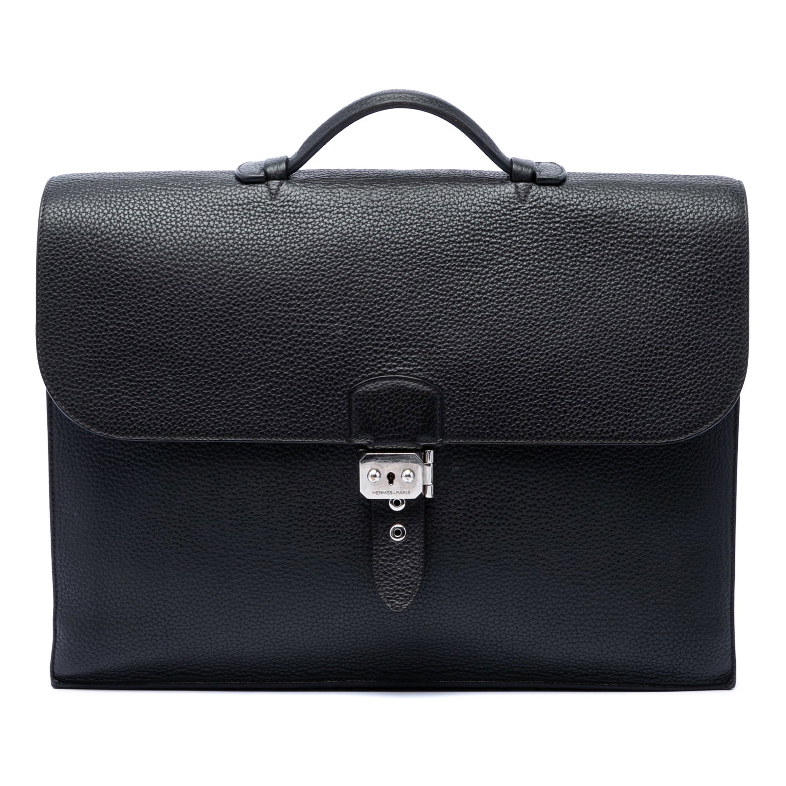 Hermes Sac a Depeches 41 Black Togo Leather Bag: Hermes Sac a Depeches 41 Black Togo Leather Bag Hermes Sac a Depeches 41 in black Togo leather with a structured top-handle design and front flap with flip-lock closure. The bag includes an exterior b