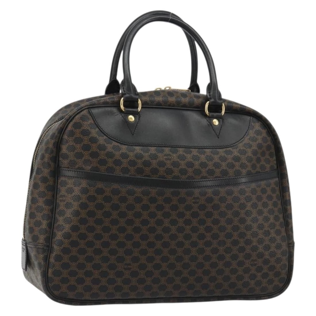CELINE Macadam Canvas PVC Leather Hand Bag Black Gold: CELINE Macadam Canvas PVC Leather Hand Bag Black Gold Celine Macadam canvas hand bag crafted in PVC leather with a black and gold colorway. Made in Italy, this women's bag features a structured everyd