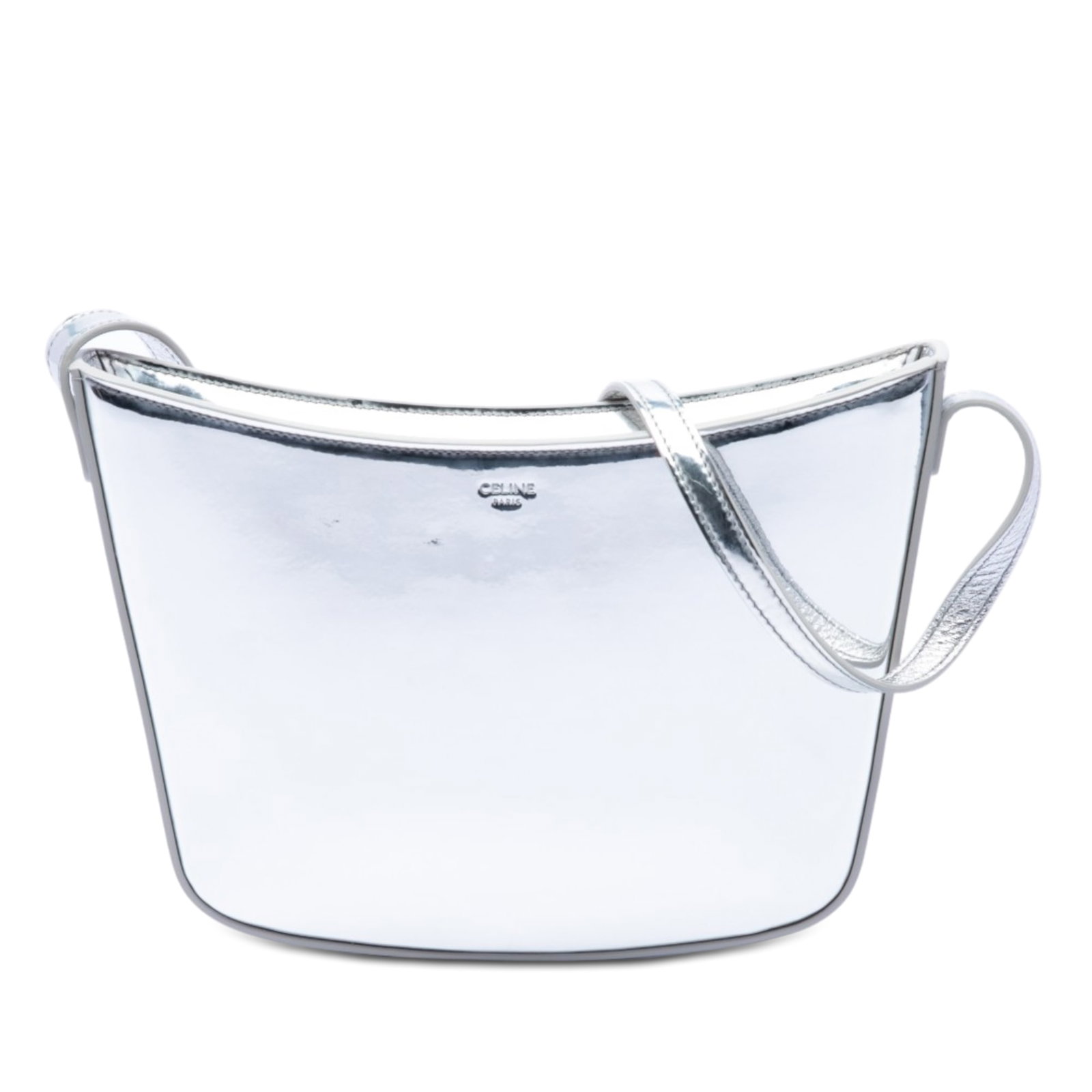 Celine Croque Medium Shoulder Bag in Silver Metallic Leather: Celine Croque Medium Shoulder Bag in Silver Metallic Leather Celine Croque shoulder bag crafted in metallic leather with an adjustable flat leather strap and top zip closure. The bag shows overall wea