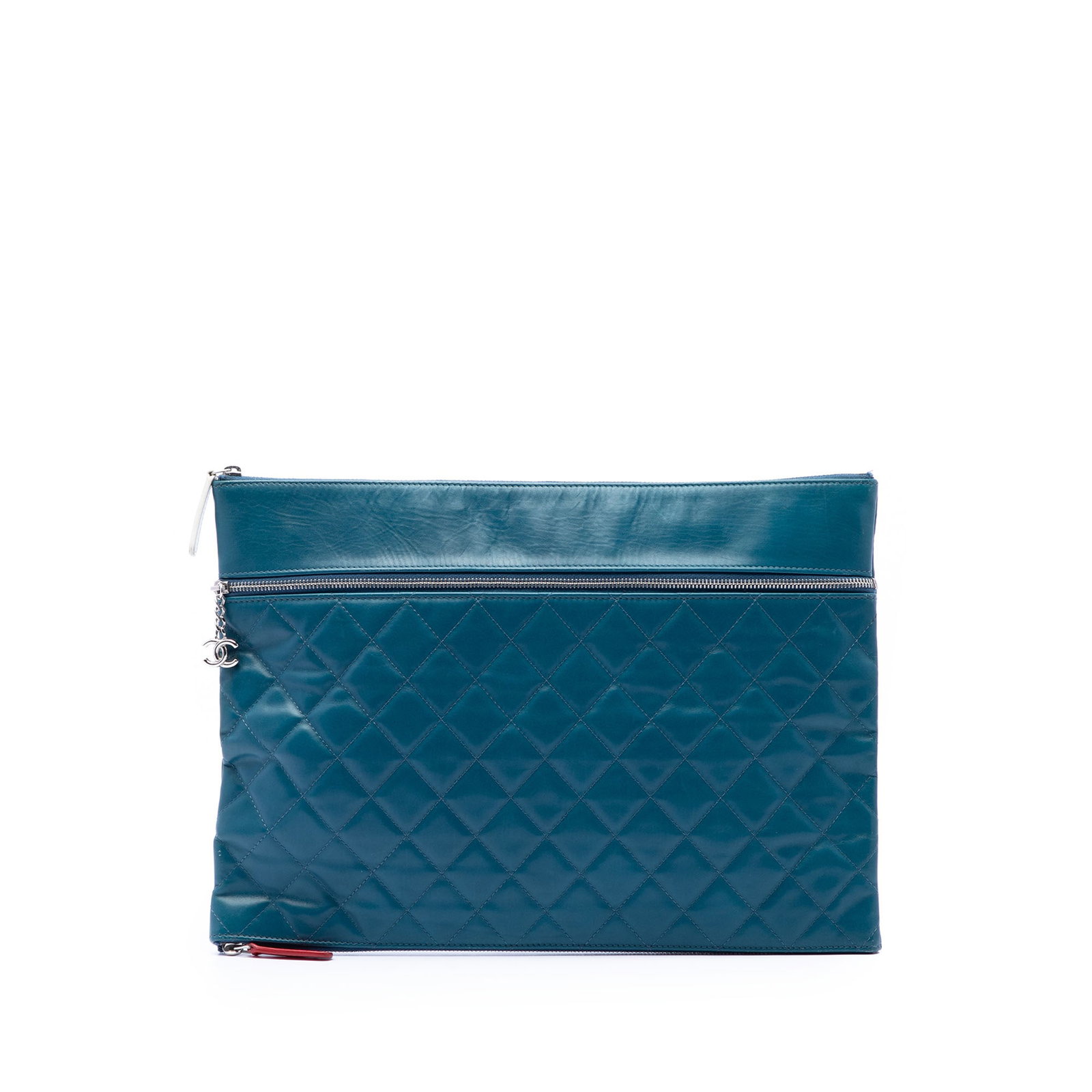 Chanel CC Multi Zip Clutch in Blue Quilted Lambskin: Chanel CC Multi Zip Clutch in Blue Quilted Lambskin Blue quilted lambskin clutch with a top zip closure and exterior zip pockets. Made in Italy, this bag is crafted in leather and presented in B+ cond