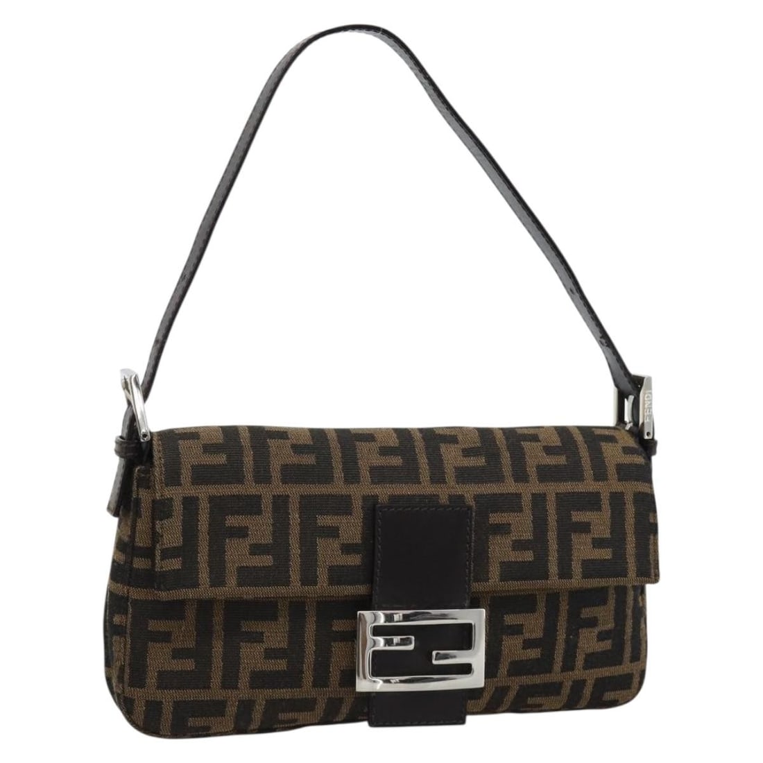 Fendi Mamma Baguette Shoulder Bag Zucca Canvas Black Brown: Fendi Mamma Baguette Shoulder Bag Zucca Canvas Black Brown Fendi Mamma Baguette shoulder bag in Zucca canvas with a black and brown exterior. Made in Italy, it features a shoulder strap with an approx