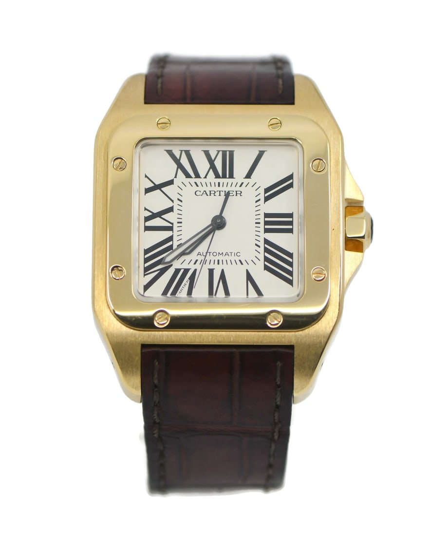 Cartier Santos 100 Large Automatic 18K Yellow Gold Wristwatch W20071Y1: Cartier Santos 100 Large Automatic 18K Yellow Gold Wristwatch W20071Y1 This Cartier Santos 100 Large wristwatch features an 18K yellow gold case and a classic brown band. The watch operates with a mec