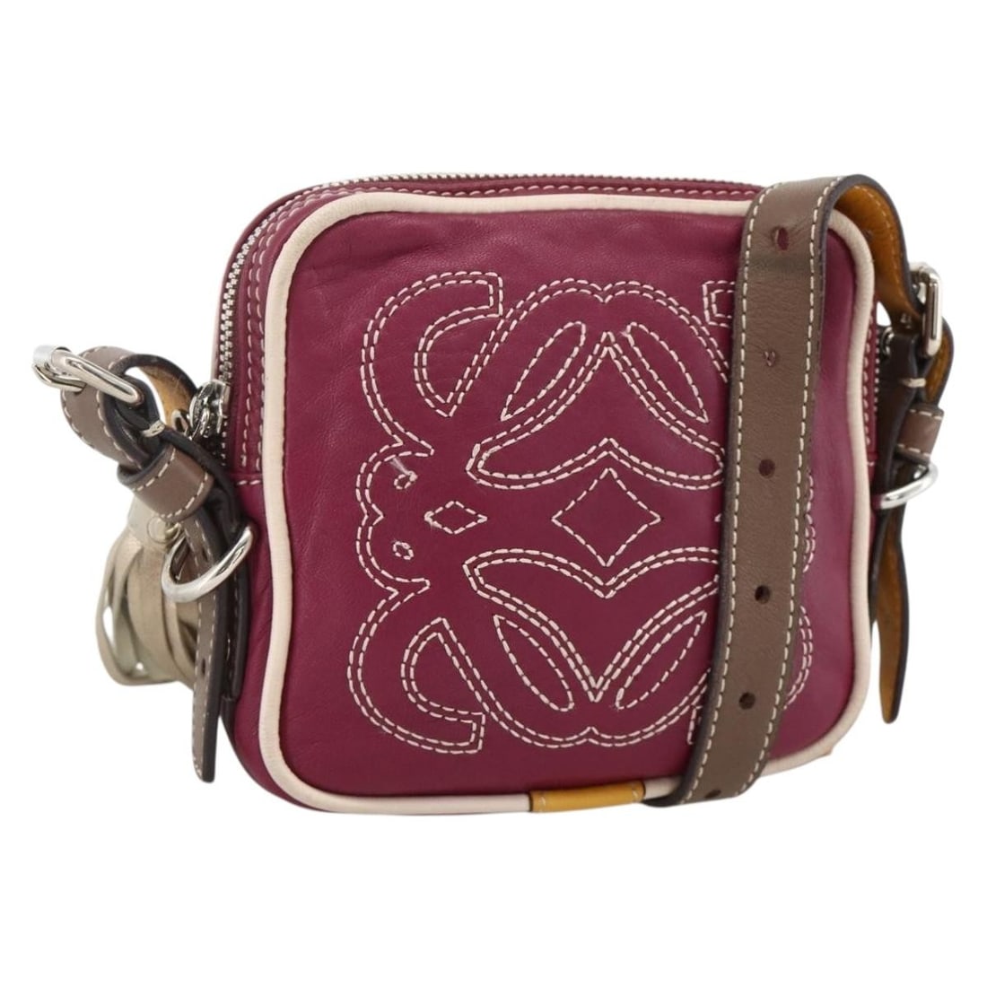LOEWE Anagram Leather Shoulder Bag Silver Red Spain: LOEWE Anagram Leather Shoulder Bag Silver Red Spain Compact LOEWE Anagram shoulder bag in silver and red leather. Made in Spain, this women's bag includes a long shoulder strap and is offered without 