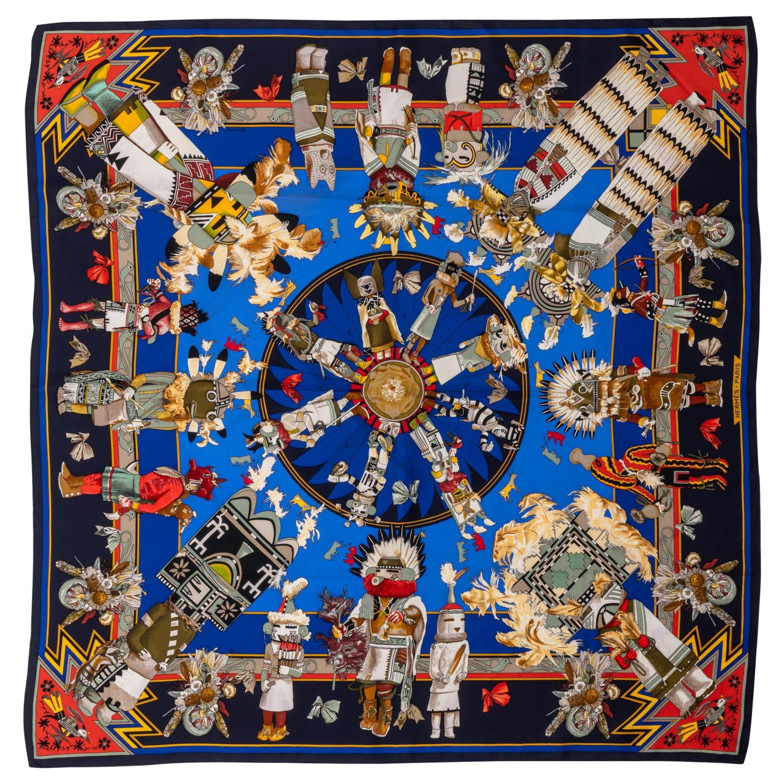 Hermes Kachinas Silk Twill Scarf by Kermit Oliver 35 in 1992: Hermes Kachinas Silk Twill Scarf by Kermit Oliver 35 in 1992 Embrace elegance with this Hermes Kachinas Collectible Oliver Scarf. This luxurious scarf, crafted from high-quality silk twill, features a