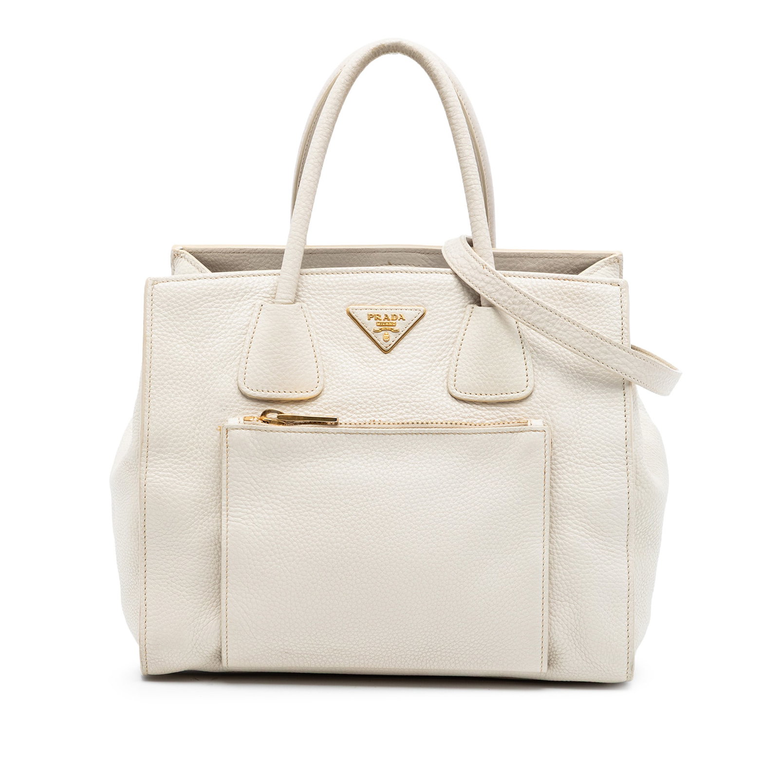 Prada Vitello Daino Leather Satchel with Front Zip Pocket White: Prada Vitello Daino Leather Satchel with Front Zip Pocket White This Prada Vitello Daino Front Pocket Open Convertible Tote is crafted from white leather and features rolled leather handles, a detacha