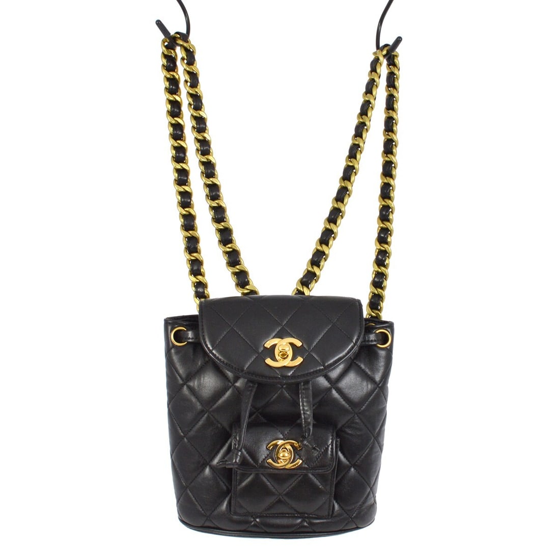 CHANEL Duma Mini Backpack Black Lambskin Drawstring Chain Strap: CHANEL Duma Mini Backpack Black Lambskin Drawstring Chain Strap Chanel Black Lambskin Duma Backpack Small is a mini women's backpack made in France. It features black lambskin exterior material, a lea