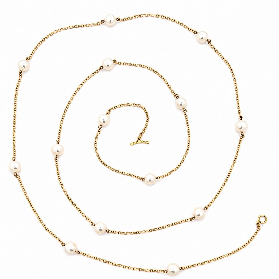 Tiffany Co Elsa Peretti 18k Yellow Gold Pearl Station Necklace 36 in: Tiffany Co Elsa Peretti 18k Yellow Gold Pearl Station Necklace 36 in Tiffany & Co. Elsa Peretti By the Yard necklace in solid 18k yellow gold, featuring 14 cultured pearls stationed along a cable link