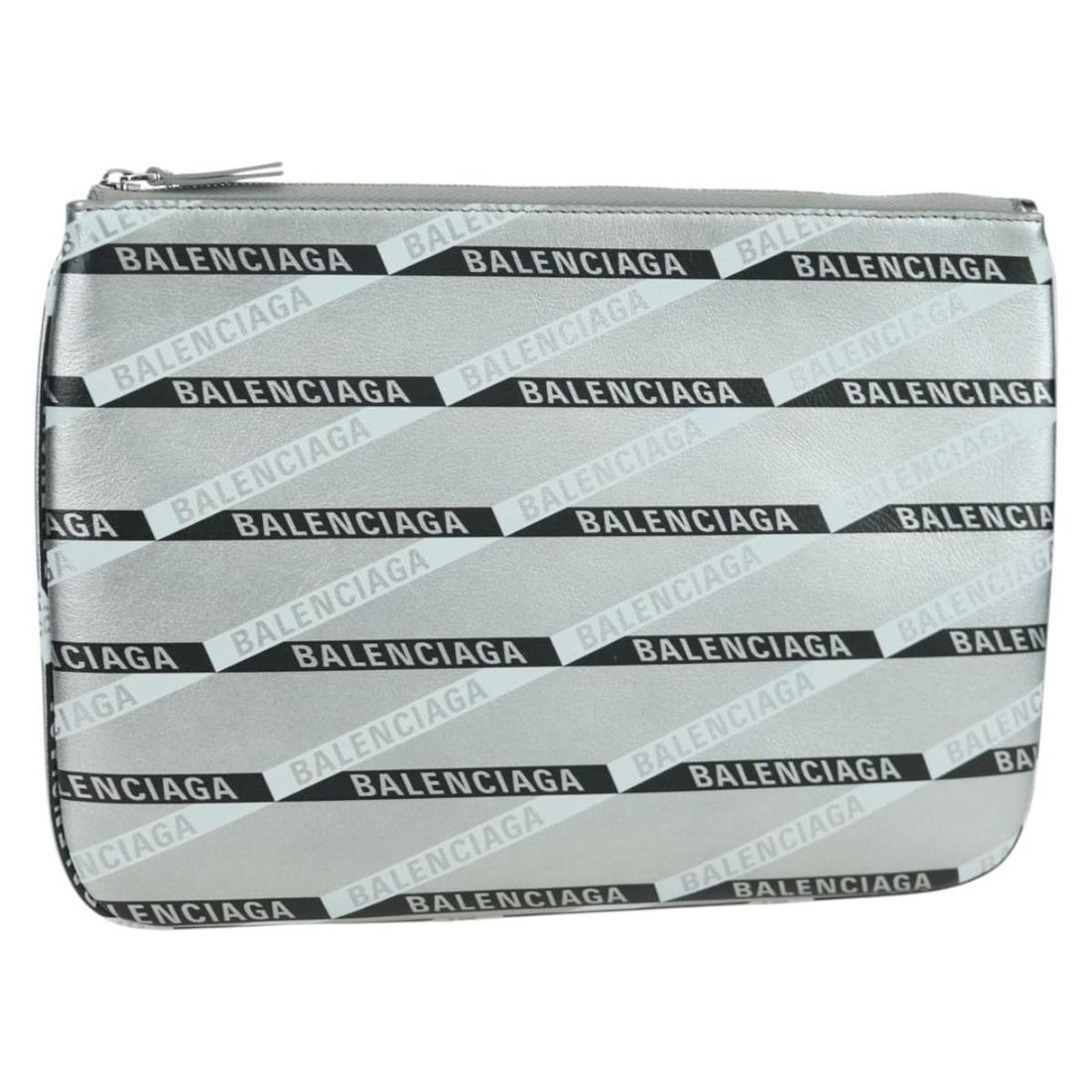 Balenciaga Silver Leather Women's Clutch with Dust Bag: Balenciaga Silver Leather Women's Clutch with Dust Bag This Balenciaga clutch bag features a sleek silver leather exterior, offering a sophisticated accessory for women. Crafted in Italy, the bag come