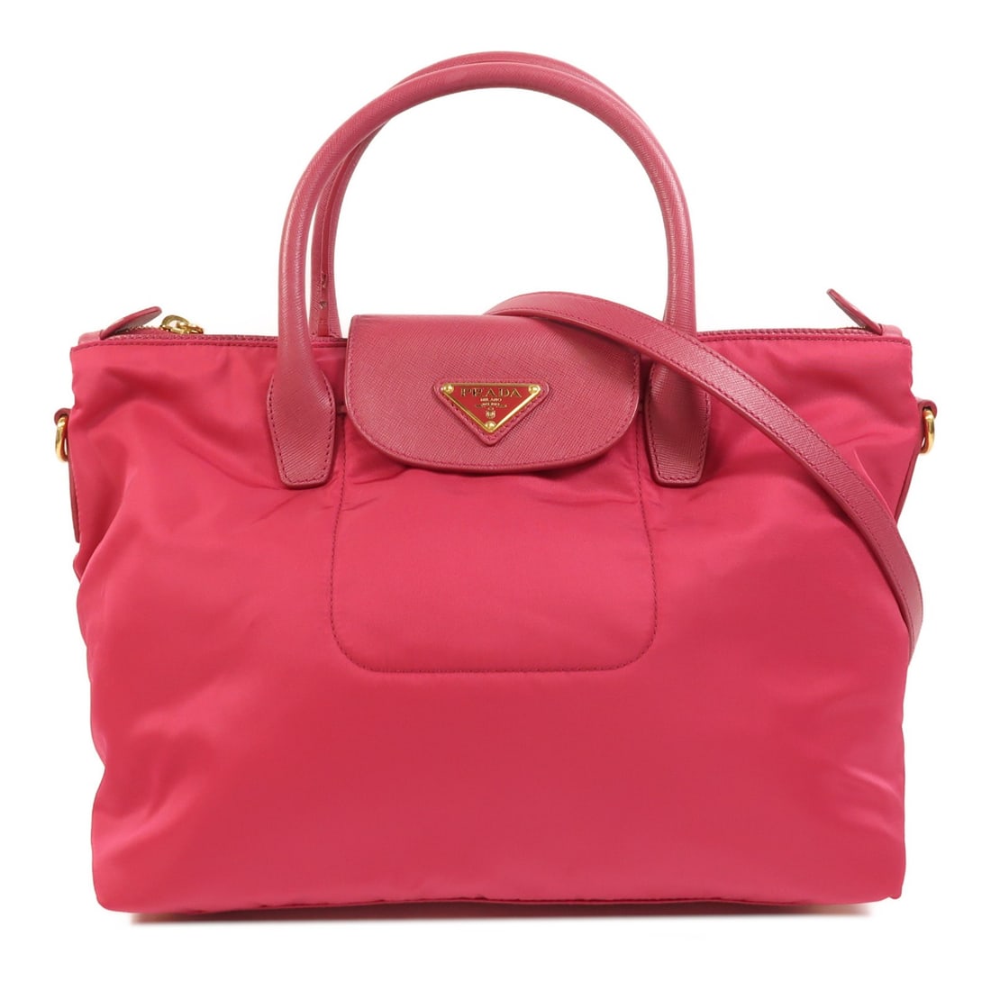 Prada BN2106 Pink Nylon 2 Way Shoulder Bag GHW: Prada BN2106 Pink Nylon 2 Way Shoulder Bag GHW A Prada 2-way shoulder bag in pink nylon, model BN2106, made in Italy. It features a regular size profile with a pink exterior and frame color, and is de