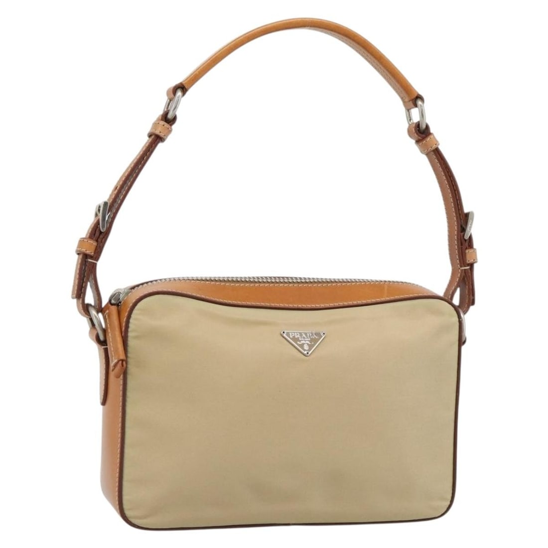 Prada Nylon Shoulder Bag in Beige and Silver Made in Italy: Prada Nylon Shoulder Bag in Beige and Silver Made in Italy Beige and silver Prada shoulder bag made from nylon, crafted in Italy. It features a shoulder strap with an approximate drop of 15 to 19 cm a