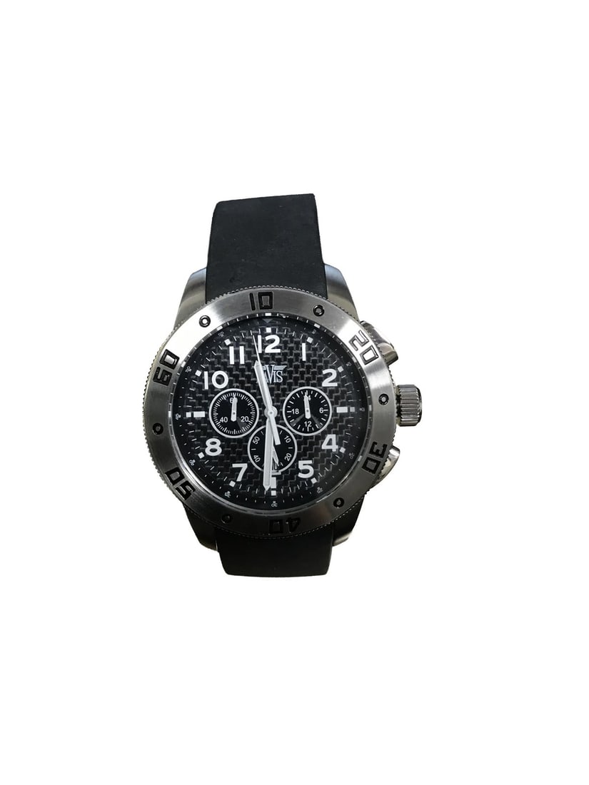 Davis Aviamatic 46mm Black Dial Quartz Chronograph Rubber Band Watch: Davis Aviamatic 46mm Black Dial Quartz Chronograph Rubber Band Watch The Davis chronograph is a stylish and functional men's wristwatch, featuring a bold 46mm round stainless steel case with a polishe