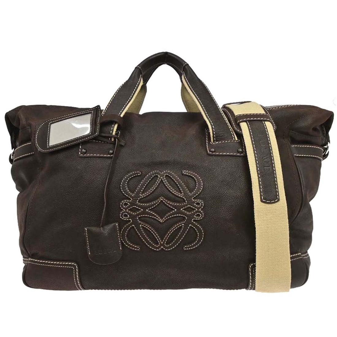 Loewe Amazona brown leather top handle bag with strap: Loewe Amazona brown leather top handle bag with strap Loewe Amazona brown leather 2-way duffle handbag with double handles, zip closure, and inner storage pockets. Made in Spain, this women's top hand