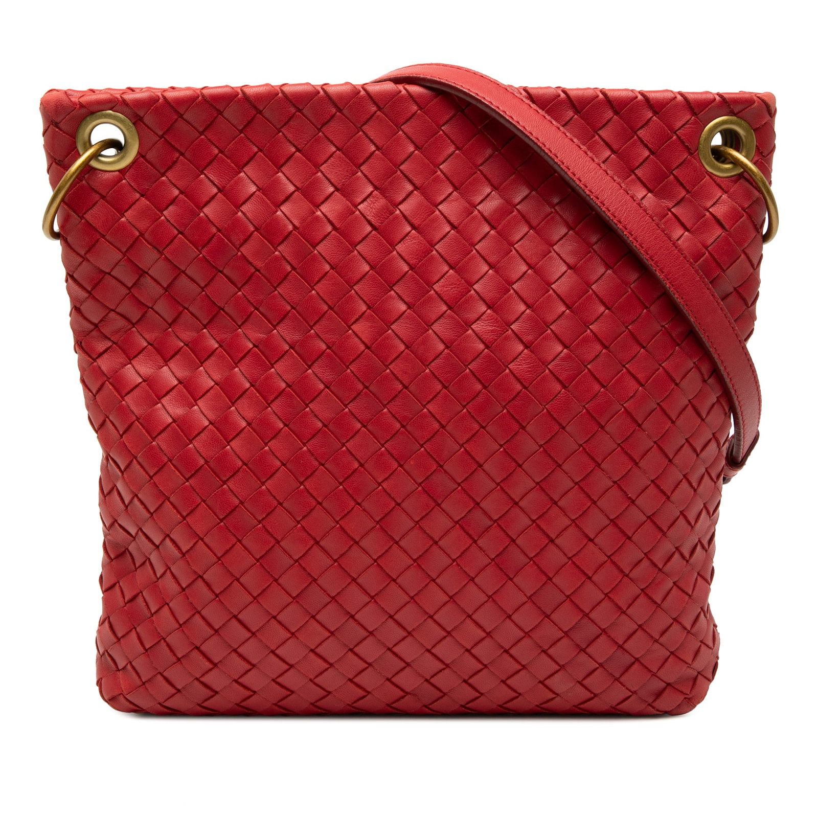 Red Bottega Veneta Nappa Intrecciato Woven Leather Crossbody Bag: Red Bottega Veneta Nappa Intrecciato Woven Leather Crossbody Bag This Bottega Veneta Nappa Intrecciato Crossbody bag features a woven leather body in red, an adjustable flat leather strap, an open top