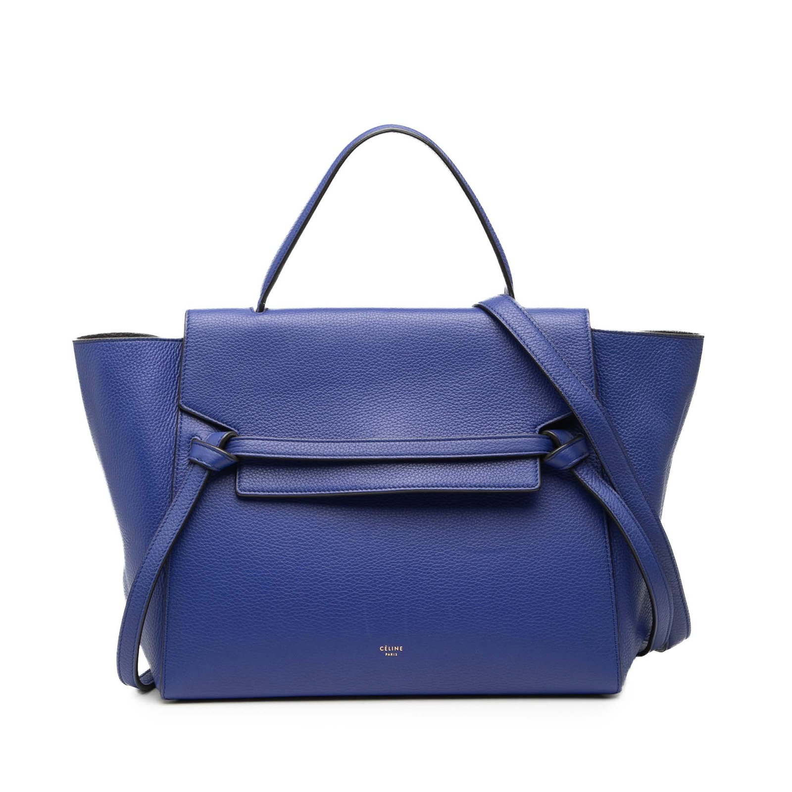 Celine Mini Belt Bag Blue Leather Satchel with Top Handle and Strap: Celine Mini Belt Bag Blue Leather Satchel with Top Handle and Strap This Celine Mini Leather Belt Bag Satchel features a blue leather body with a flat leather top handle, a detachable flat leather sho