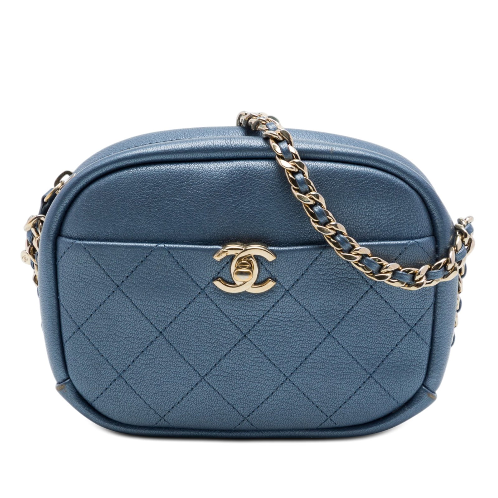 Chanel Casual Trip Small Camera Bag Blue Quilted Metallic Goatskin: Chanel Casual Trip Small Camera Bag Blue Quilted Metallic Goatskin Small quilted metallic goatskin camera bag with a leather-woven chain crossbody strap, top zip closure, exterior slip pocket with CC 