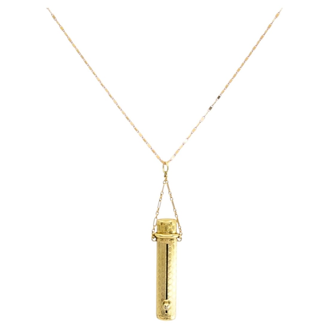 Set of 2 14k Gold Lipstick Case Pendant and Chain Necklace: Set of 2 14k Gold Lipstick Case Pendant and Chain Necklace Vintage 14k gold lipstick case pendant necklace with a removable pendant and 14k gold chain. The pendant is a cylindrical lipstick holder wit