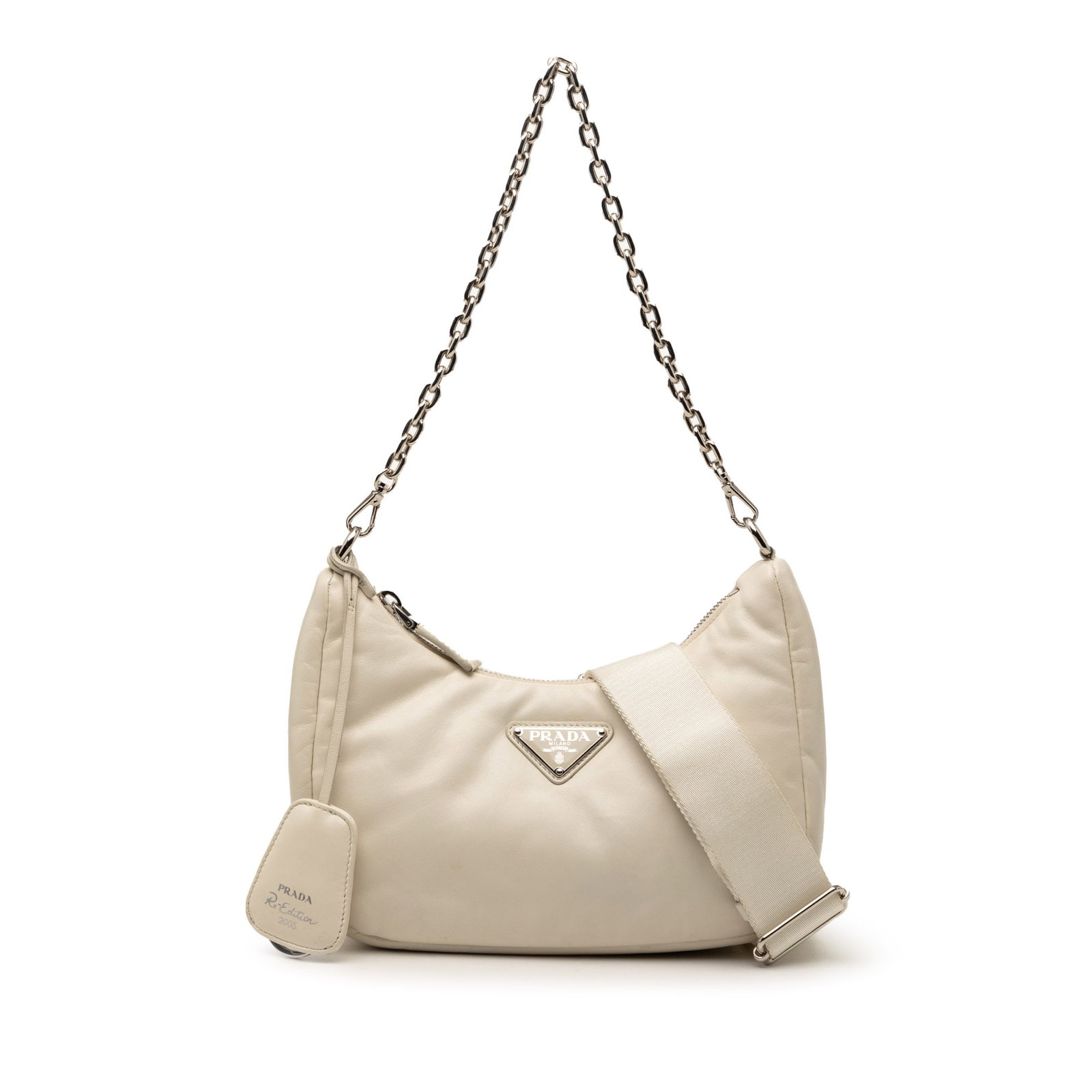 Prada brown nappa leather satchel with chain handle and pouch: Prada brown nappa leather satchel with chain handle and pouch This Prada Nappa Soft Padded Re Edition 2005 Satchel is crafted from supple nappa leather in brown and features a chain link top handle, a