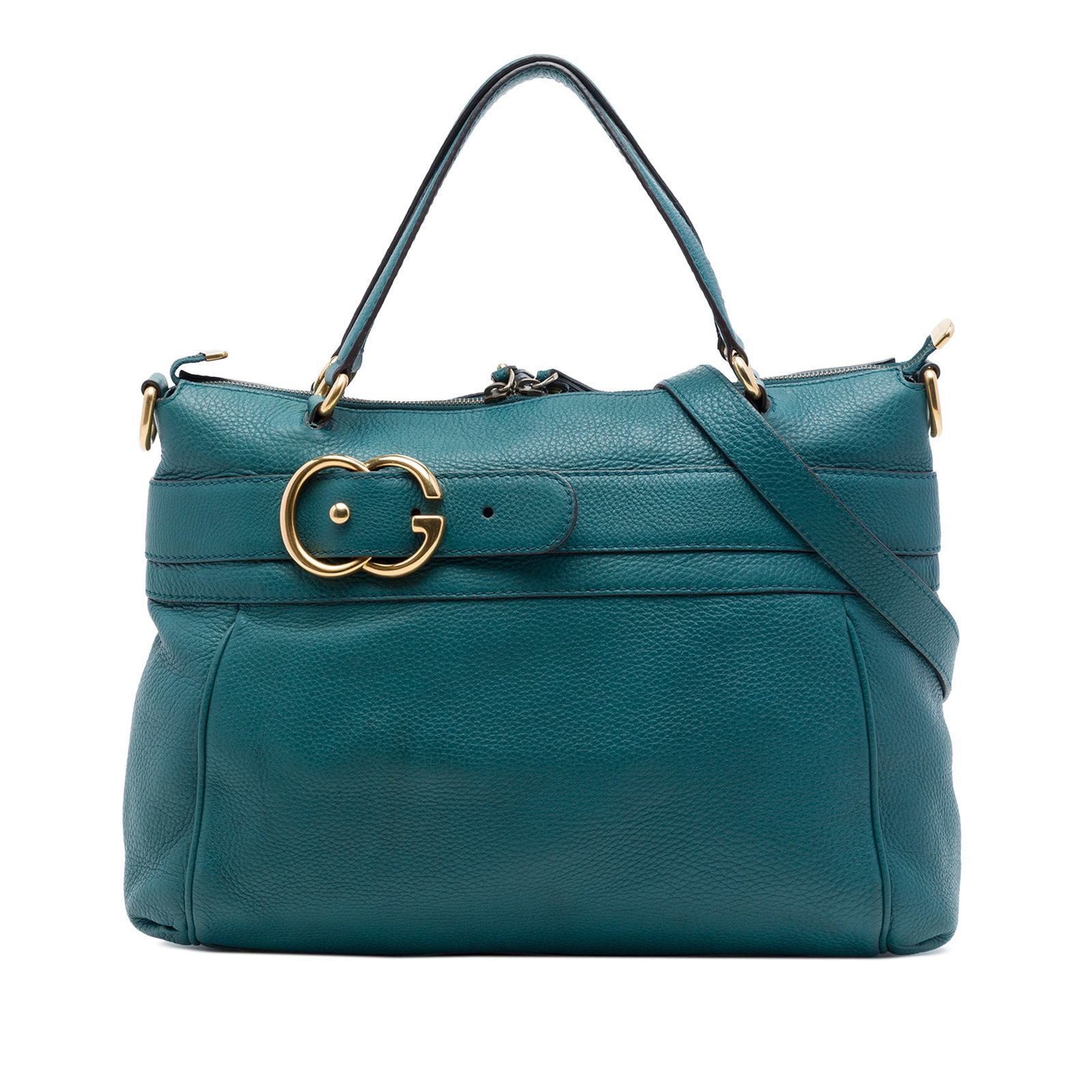 Gucci Ride Medium Blue Leather Satchel with Strap: Gucci Ride Medium Blue Leather Satchel with Strap Gucci Ride top handle satchel in blue calfskin leather with a structured silhouette, flat top handle, and detachable flat strap. The bag features a du