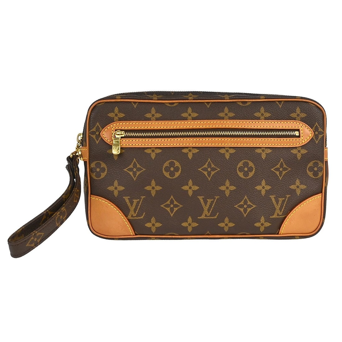 Louis Vuitton Marly Dragonne GM Monogram Clutch M51825: Louis Vuitton Marly Dragonne GM Monogram Clutch M51825 Vintage Louis Vuitton Marly Dragonne GM clutch bag in brown Monogram canvas with leather trim. This unisex clutch shows visible wear consistent w