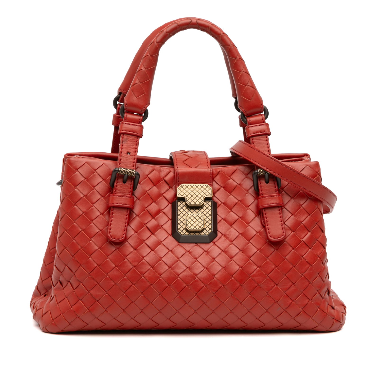Mini Intrecciato Roma Satchel Red Nappa Leather by Bottega Veneta: Mini Intrecciato Roma Satchel Red Nappa Leather by Bottega Veneta This Bottega Veneta Mini Nappa Intrecciato Roma Satchel features a woven nappa leather body, rolled handles, a detachable flat leather