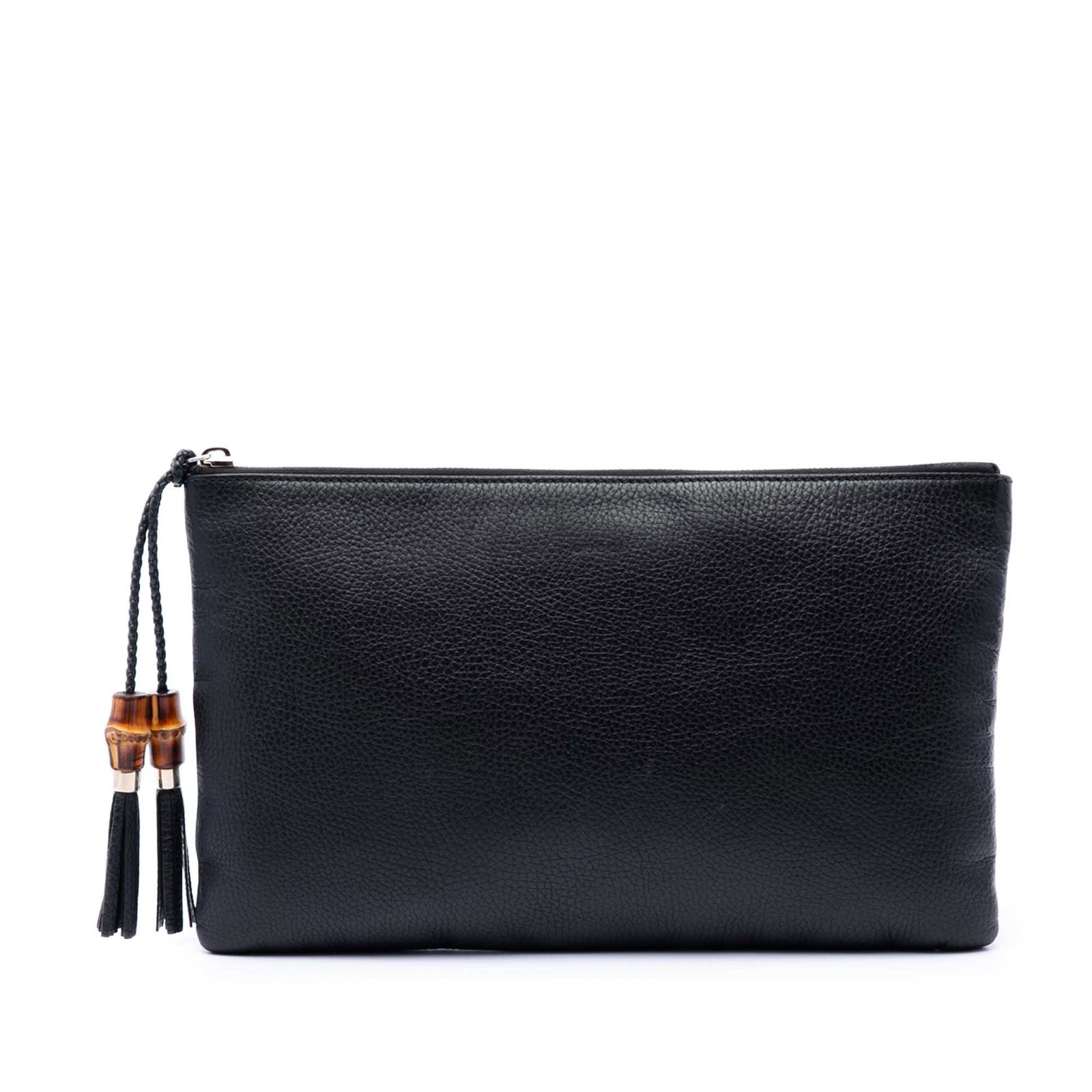 Gucci Calfskin Bamboo Tassel Leather Clutch Bag Black: Gucci Calfskin Bamboo Tassel Leather Clutch Bag Black Gucci Calfskin Bamboo Tassel Clutch in black leather with a bamboo and tassel detail. This clutch features a top zip closure and an interior slip 