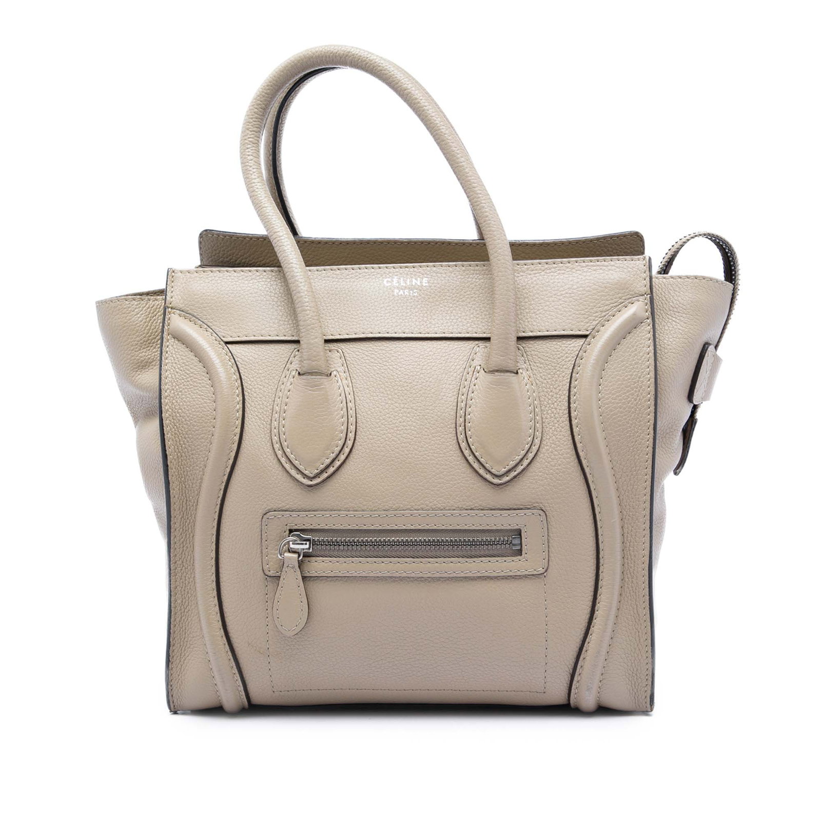 Celine Micro Luggage Tote Beige Leather Handbag: Celine Micro Luggage Tote Beige Leather Handbag Celine Micro Luggage tote crafted in leather with rolled leather handles, a top zip closure, an exterior front zip pocket, and an interior zip pocket. M
