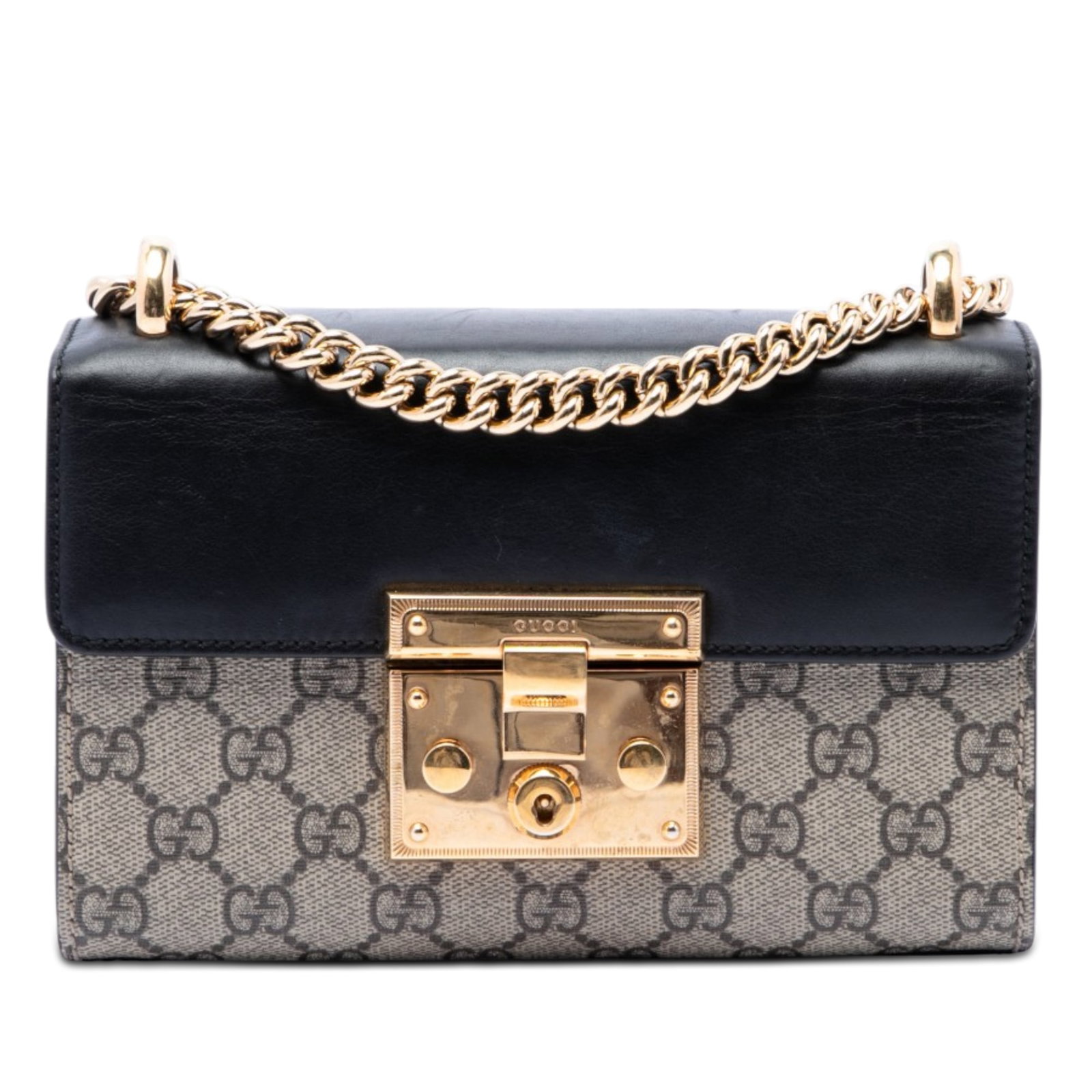 Gucci Padlock Small GG Supreme Crossbody Bag Beige: Gucci Padlock Small GG Supreme Crossbody Bag Beige Gucci Small GG Supreme Padlock Crossbody in beige with a coated canvas body and front leather flap. This crossbody features a sliding curb chain link