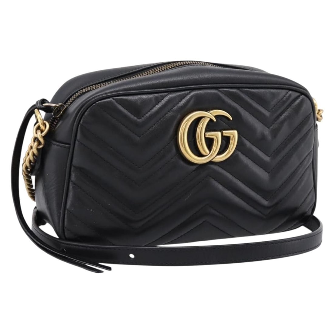 Gucci 447632 GG Marmont black leather shoulder bag gold tone: Gucci 447632 GG Marmont black leather shoulder bag gold tone Gucci GG Marmont chain shoulder bag in black leather with gold-tone accents. This women's shoulder bag is made in Italy and includes only t