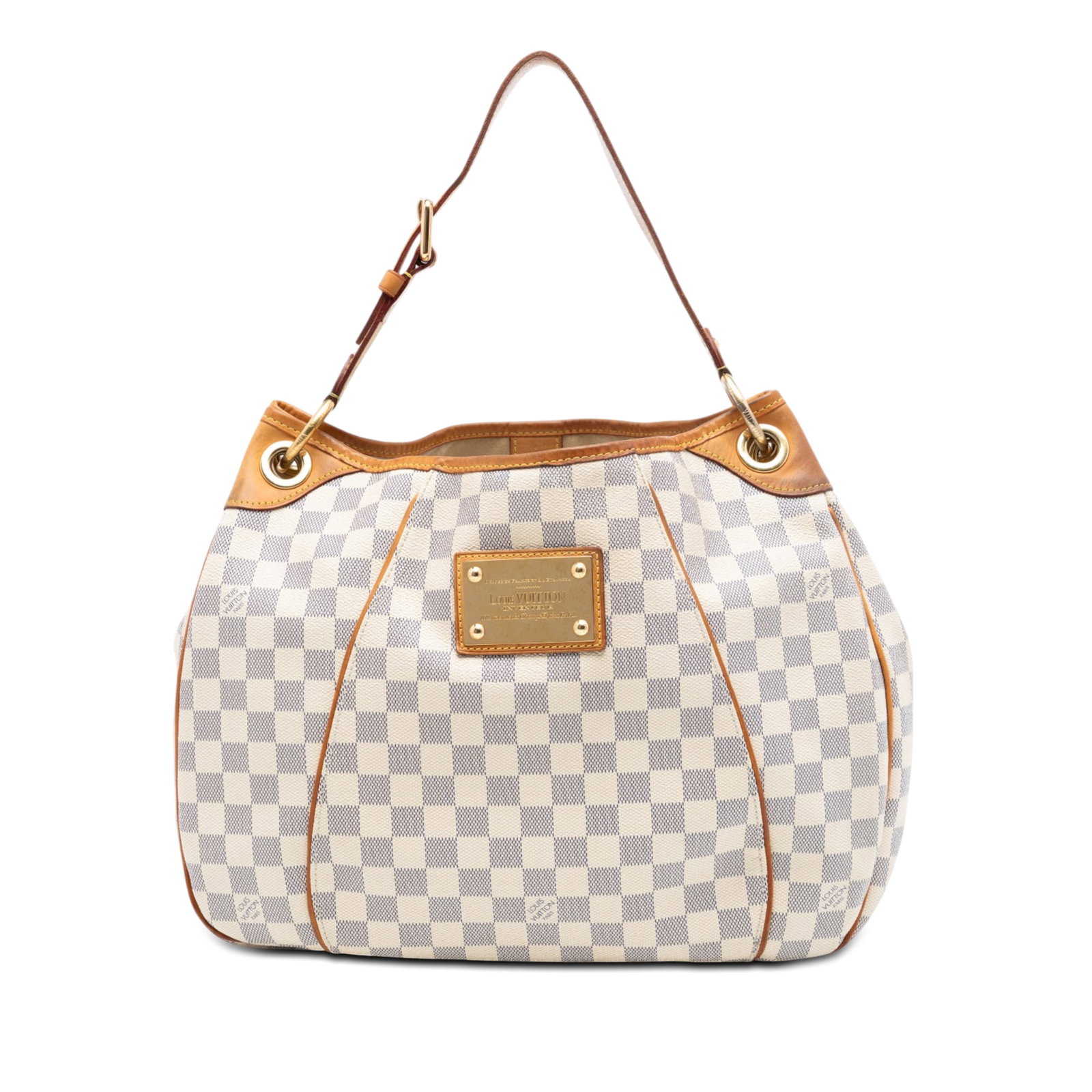 Louis Vuitton Galliera PM Damier Azur Shoulder Bag: Louis Vuitton Galliera PM Damier Azur Shoulder Bag Louis Vuitton Damier Azur Galliera PM bag in white damier canvas with vachetta leather trim and a flat vachetta leather strap. It features an open to