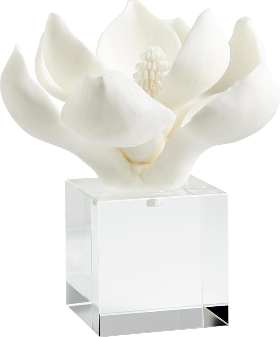 Contemporary Cyan Oleander Sculpture White Crystal Resin 6.75H: Contemporary Cyan Oleander Sculpture White Crystal Resin 6.75H Enhance your coastal decor with this stunning Sleek Oleander Sculpture. Crafted from crystal resin, this contemporary piece boasts a pris