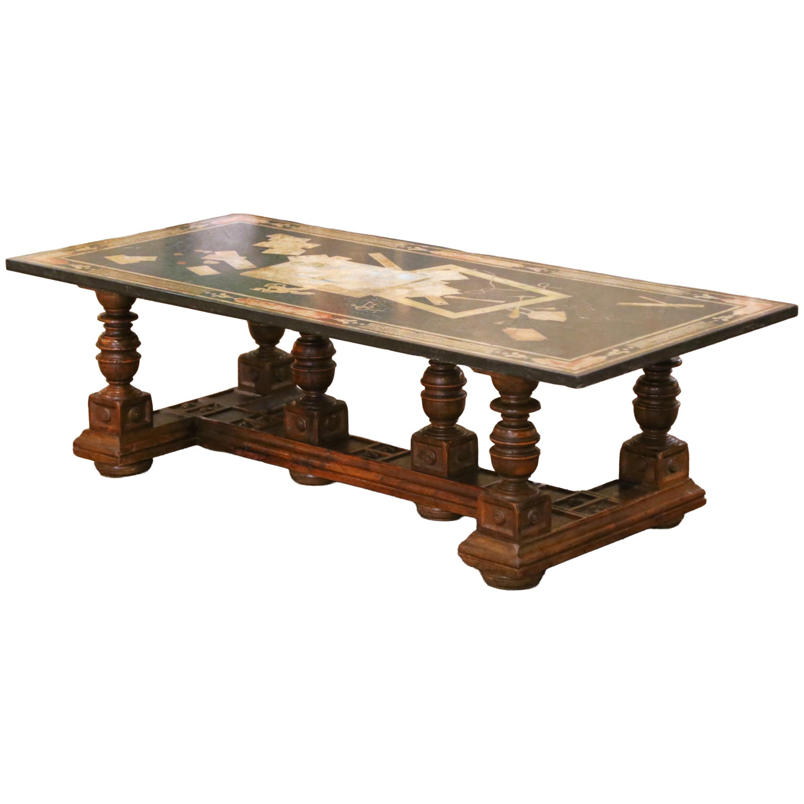 French Walnut Louis XIII Marble Inlay Coffee Table: French Walnut Louis XIII Marble Inlay Coffee Table This mid-19th century French Louis XIII coffee table features a hand-crafted walnut base with a rich patina and a striking marble inlay top. The rect