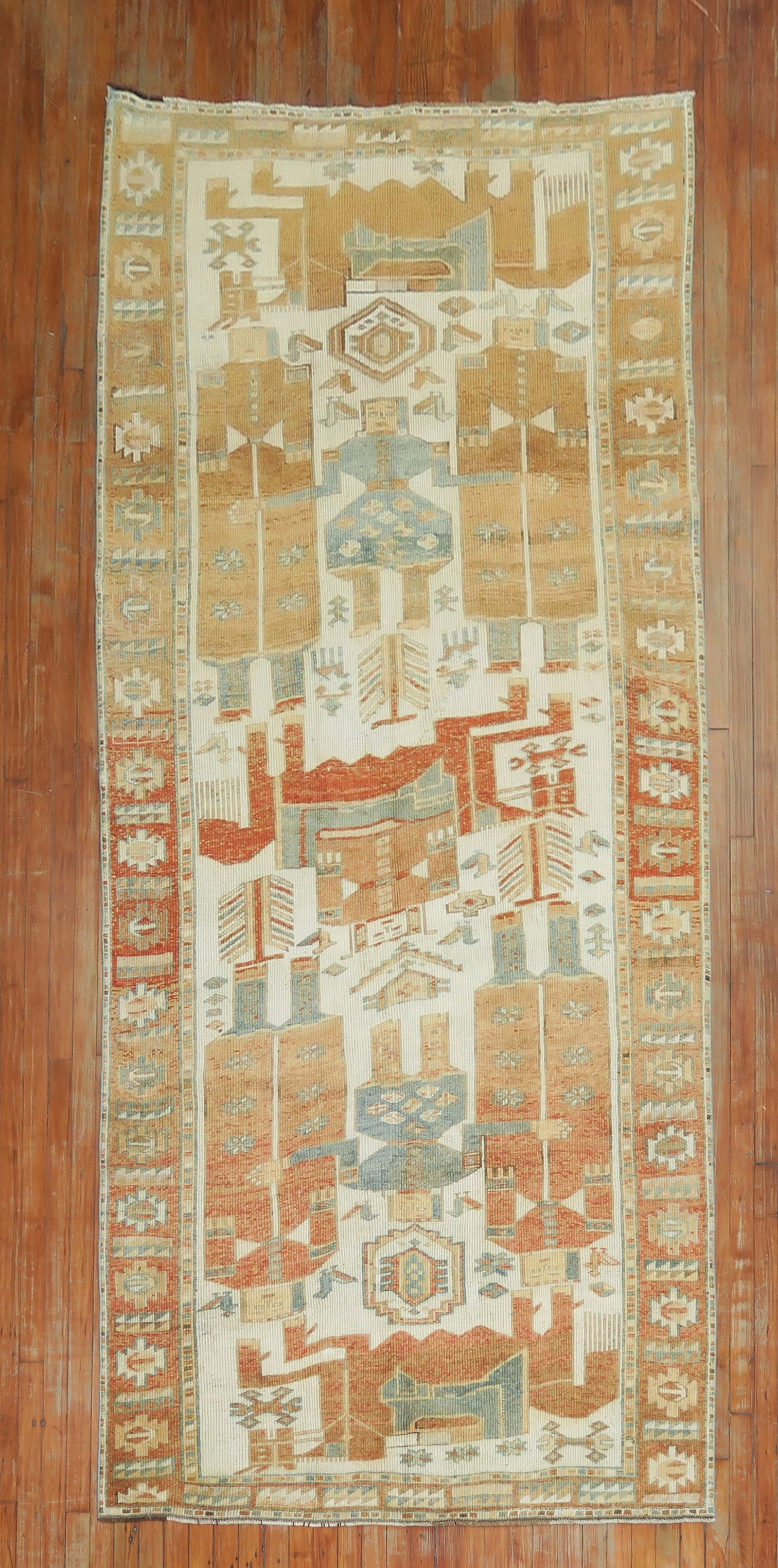 4' 10" x 10' 8" Antique Persian Balouch Pictorial Gallery Rug: 4' 10" x 10' 8" Antique Persian Balouch Pictorial Gallery Rug Antique Persian Balouch pictorial gallery runner from the 1940s with an ivory field and brown accents. This pre-owned rug features a human
