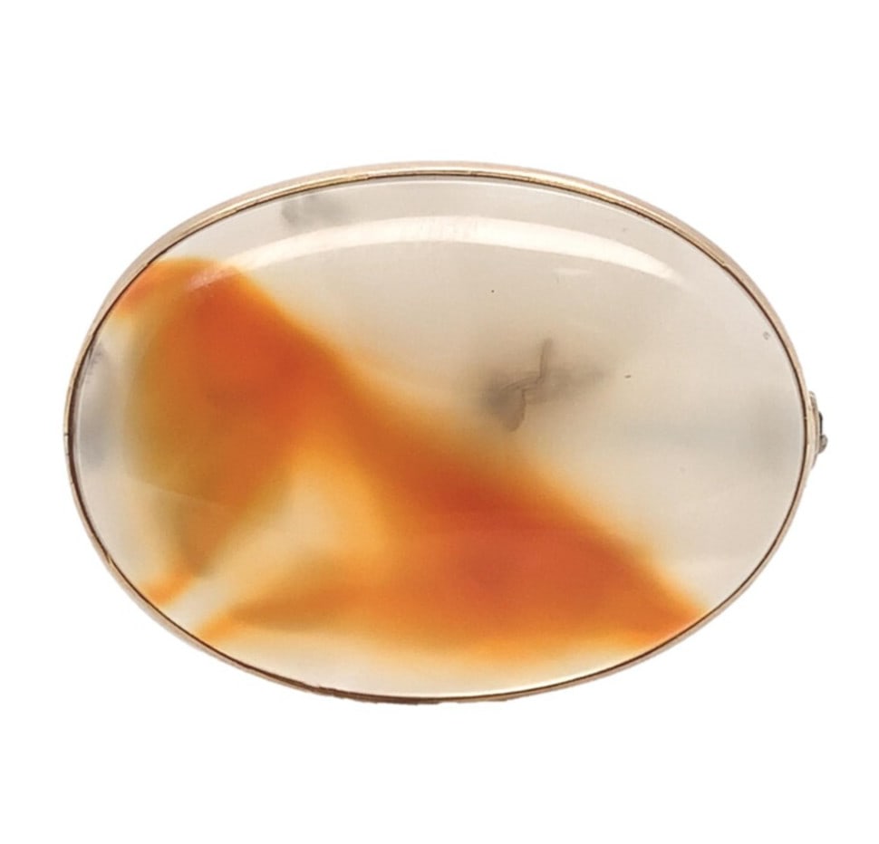 Vintage 10k Gold Bezel Pin with Natural Agate Cabochon 1 1/4 Inch: Vintage 10k Gold Bezel Pin with Natural Agate Cabochon 1 1/4 Inch This vintage pin features a genuine natural agate cabochon with a golden orangey-yellow hue, accented by translucent colorless and whi