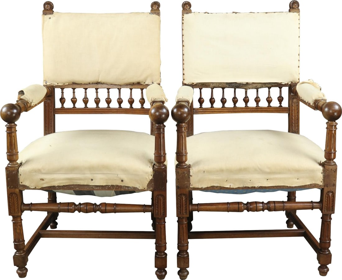 1890 French Walnut Armchairs Set in Henry II Style: 1890 French Walnut Armchairs Set in Henry II Style This elegant set of French walnut armchairs, dating back to 1890, showcases the refined craftsmanship of the Henry II style. Each chair features a mu