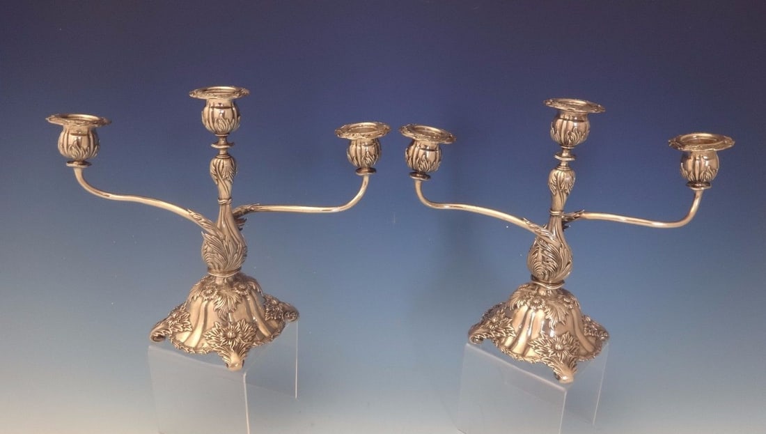 Tiffany & Co. Pair of Sterling Silver 3-Light Candelabras in Chrysanthemum Pattern (1 of 12)