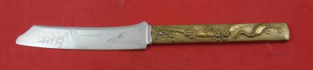 Gorham Kozuka Sterling Silver Fish Knife 8 Brass Handle Stork Motif: Gorham Kozuka Sterling Silver Fish Knife 8 Brass Handle Stork Motif This exquisite Kozuka fish knife by Gorham features a stunning 8" blade made of sterling silver, complemented by a brass handle beau