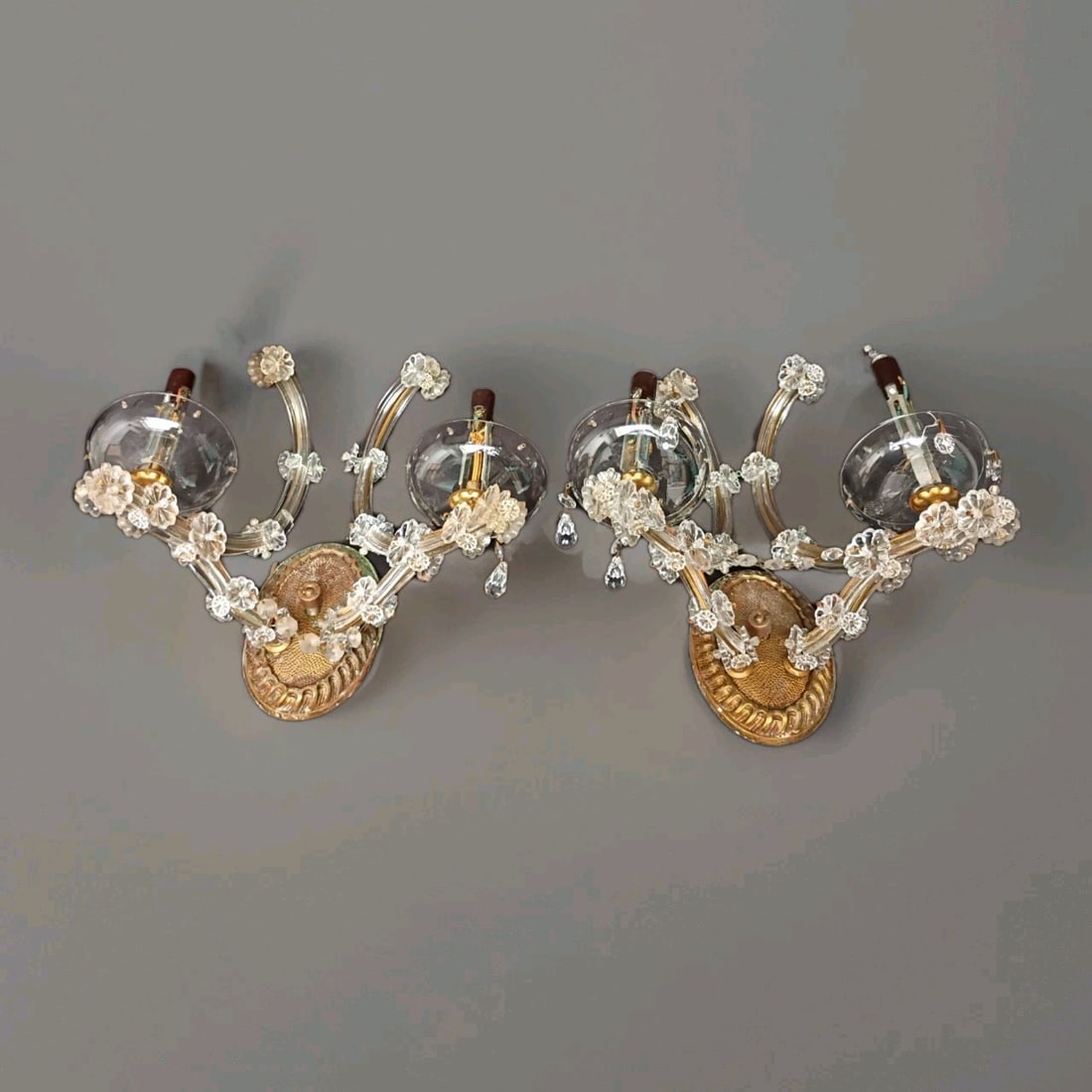 Pair of Vintage Crystal Wall Sconces Iron Frame 2 Arm Bronze Tone (1 of 16)