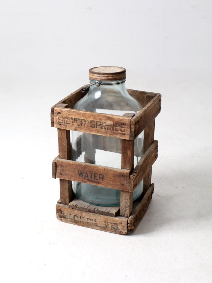 Vintage Aqua Glass Water Bottle with Wooden Crate Madison Wisconsin: Vintage Aqua Glass Water Bottle with Wooden Crate Madison Wisconsin Discover a piece of history with this authentic Silver Springs glass water bottle from the 1940s-1950s, complete with its original w