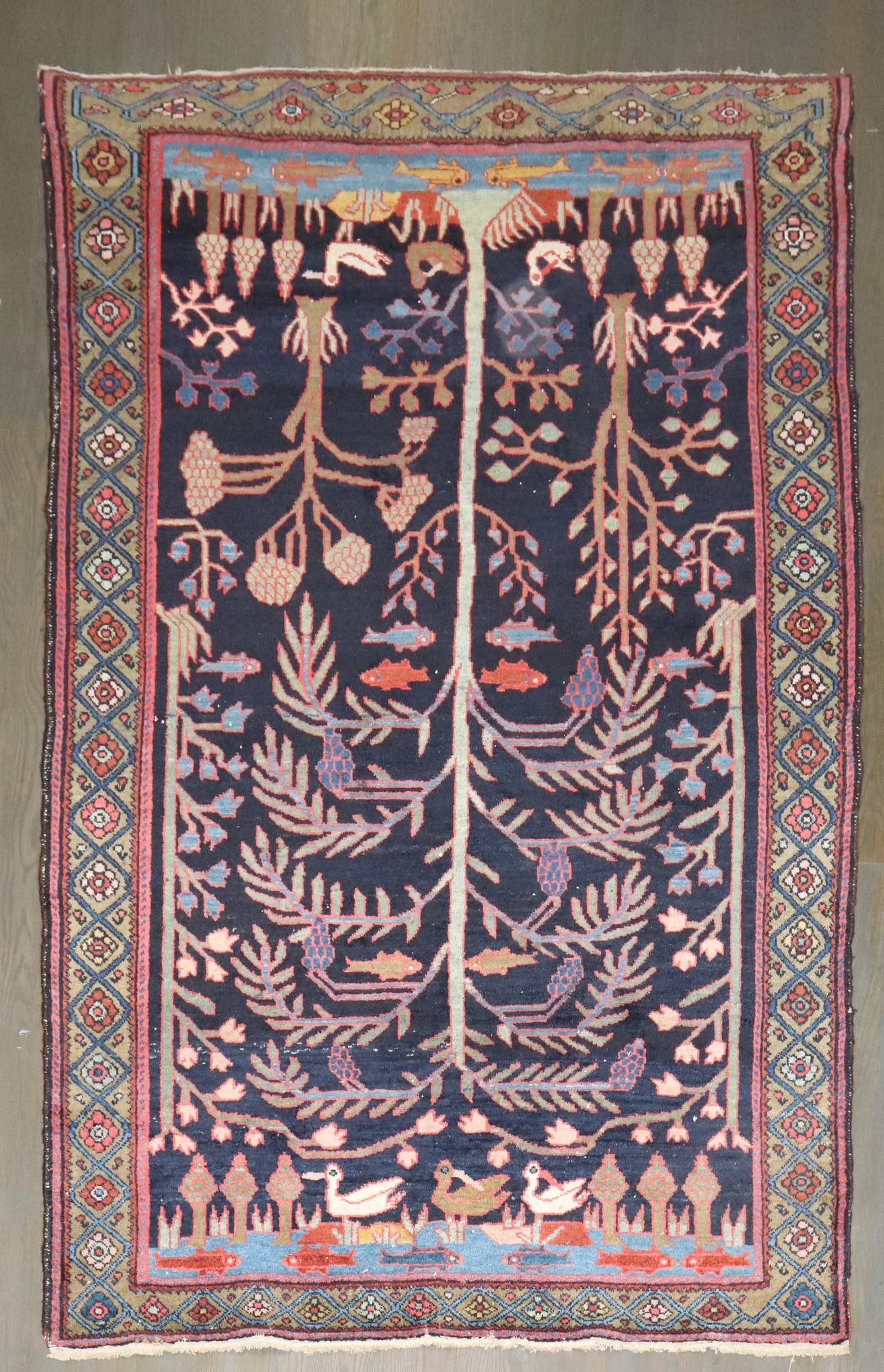4' 2" x 6' 7" Persian Hamedan pictorial accent rug: 4' 2" x 6' 7" Persian Hamedan pictorial accent rug Persian Hamedan pictorial paradise pattern rug in an accent size. This pre-owned rug features a Hamadan pictorial design. Specifications Origin: Pers