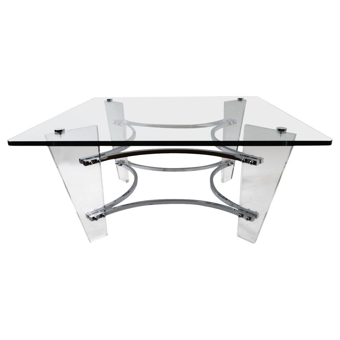 Charles Hollis Jones Lucite Chrome Glass Coffee Table 36x36 Transparent: Charles Hollis Jones Lucite Chrome Glass Coffee Table 36x36 Transparent This stylish coffee table, designed by Charles Hollis Jones, showcases a stunning combination of Lucite, chrome, and glass, epit