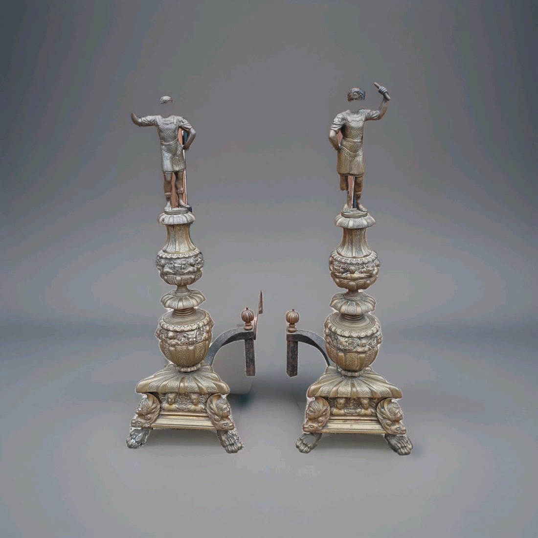 Pair of 32 inch antique bronze figural andirons with Roman figures (1 of 18)